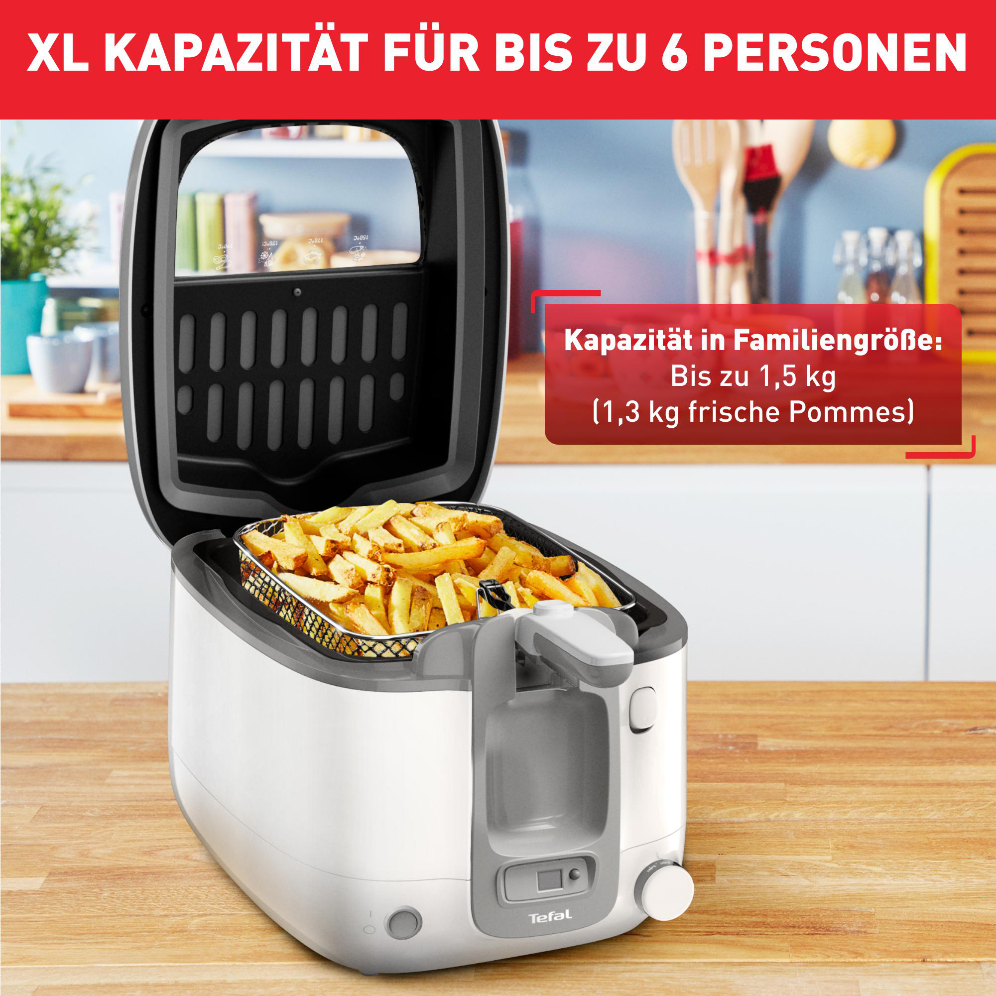 Weißer und grauer Fritteuse mit einem Korb Pommes und Text über ihre Kapazität.