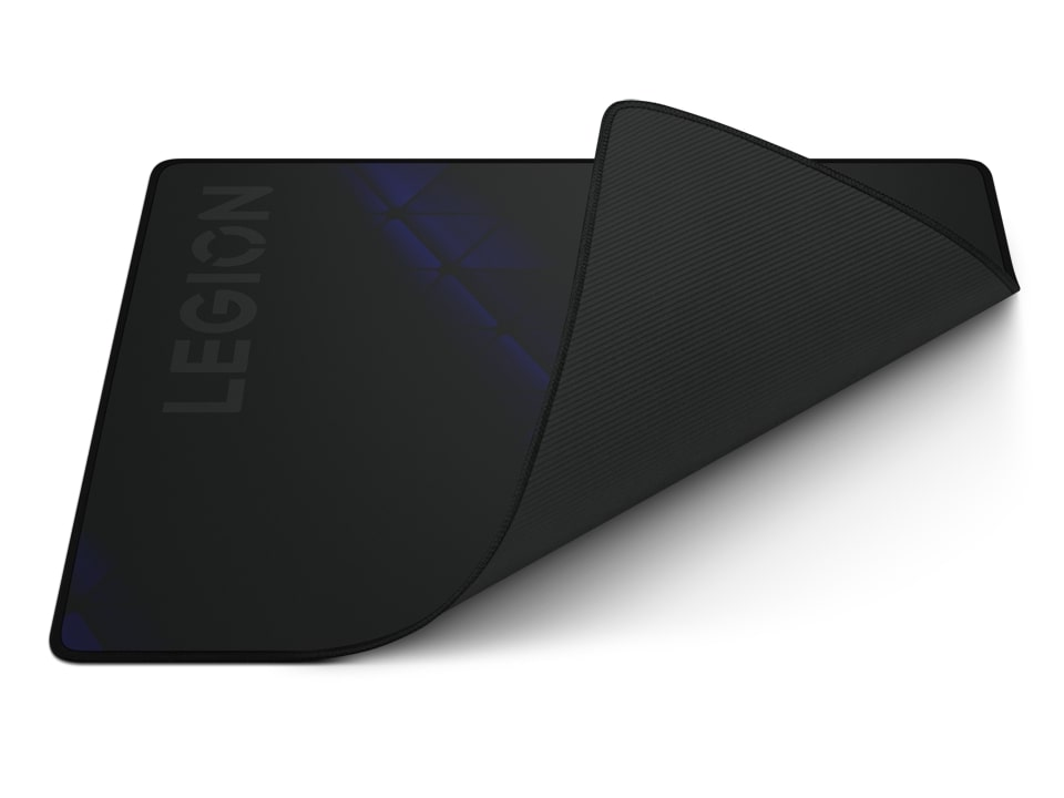 Üzerinde LEGION yazan siyah ve mor bir oyun mouse pad'i.