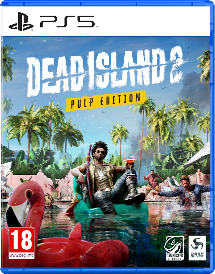 PS5 játék borító. Egy férfi koktéllal egy tutajon ül. Zombik a háttérben. A cím: 'Dead Island 2'.