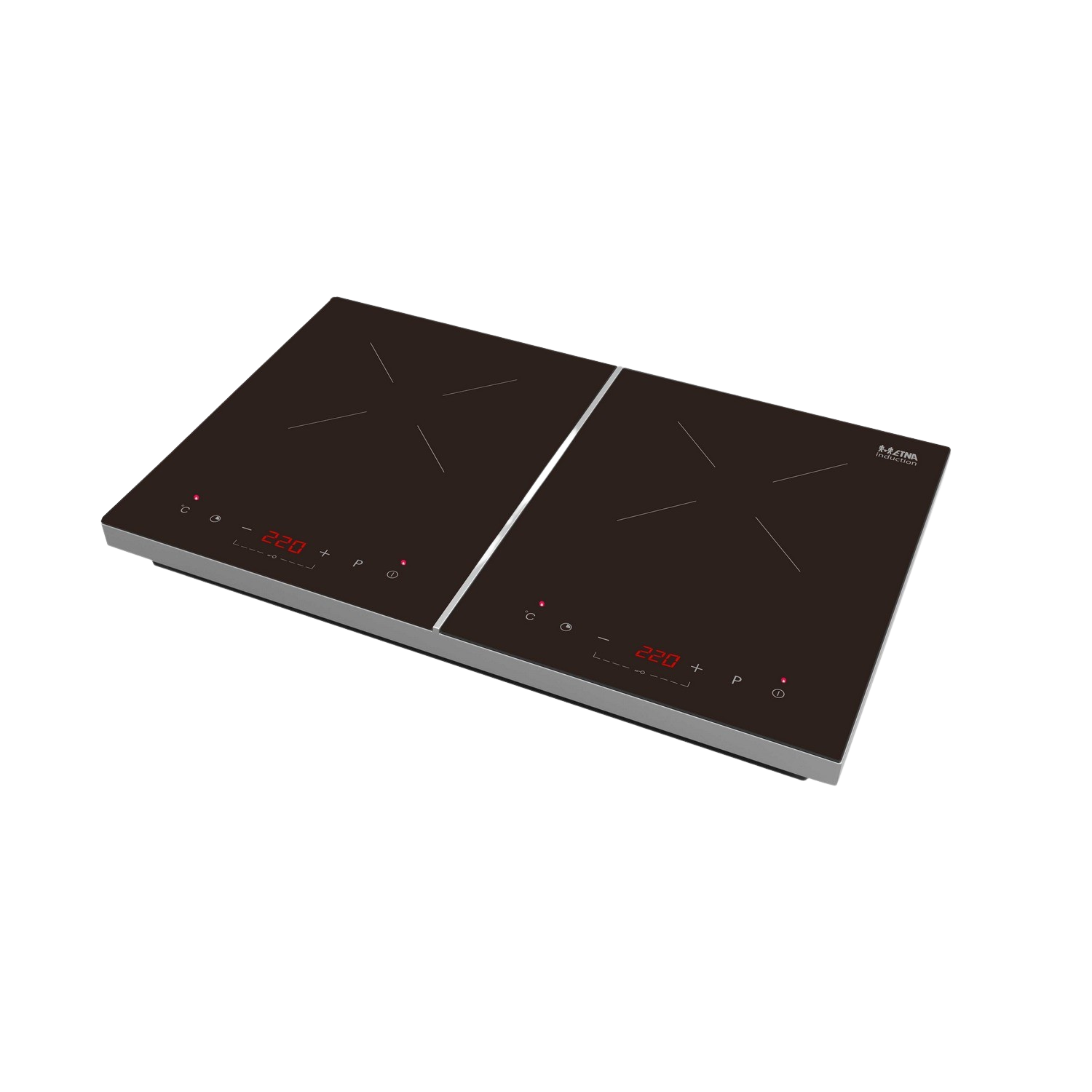 A black induction cooktop with two burners. It has touch controls and red display.