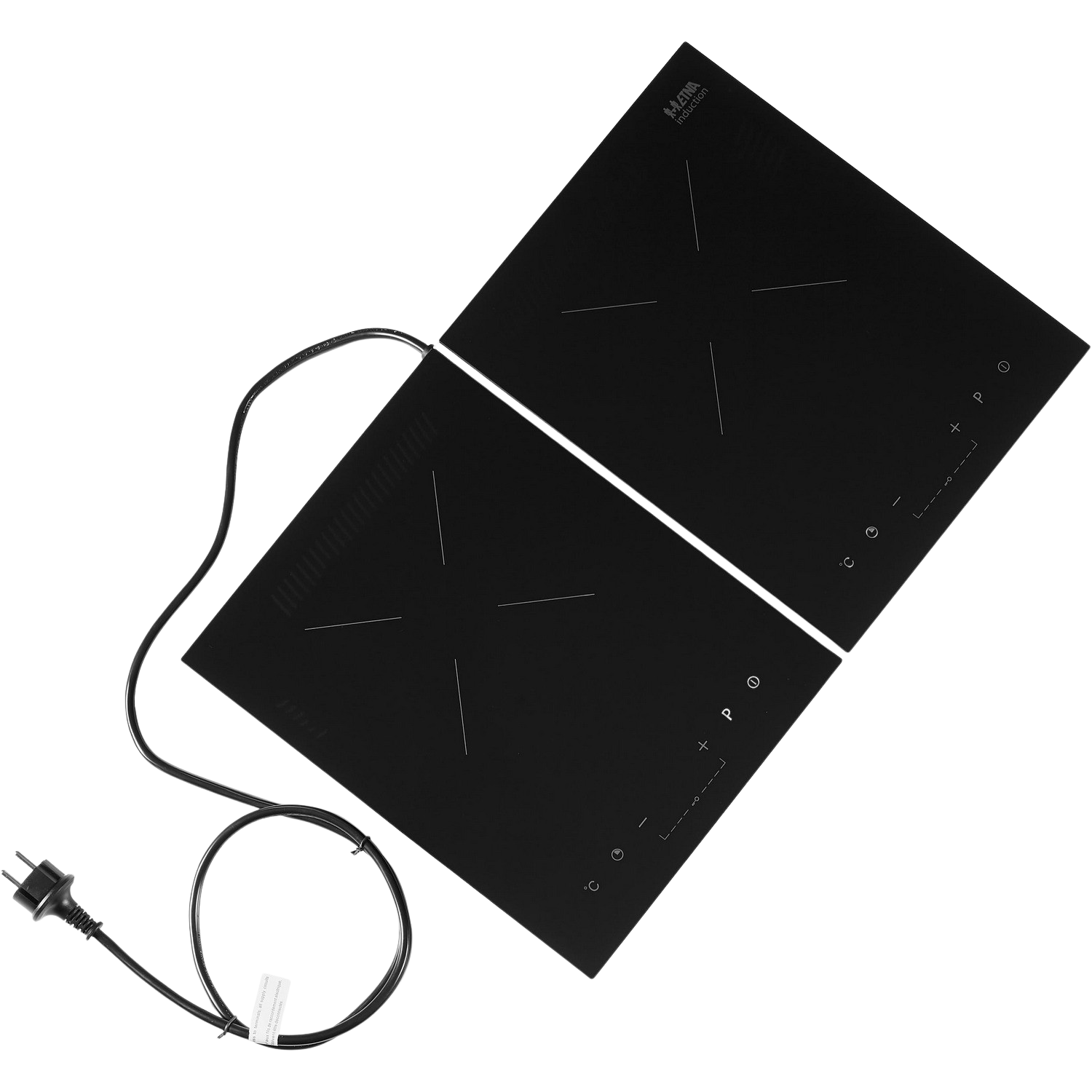 Black induction cooktop. It is a top-down view with two cooking zones.