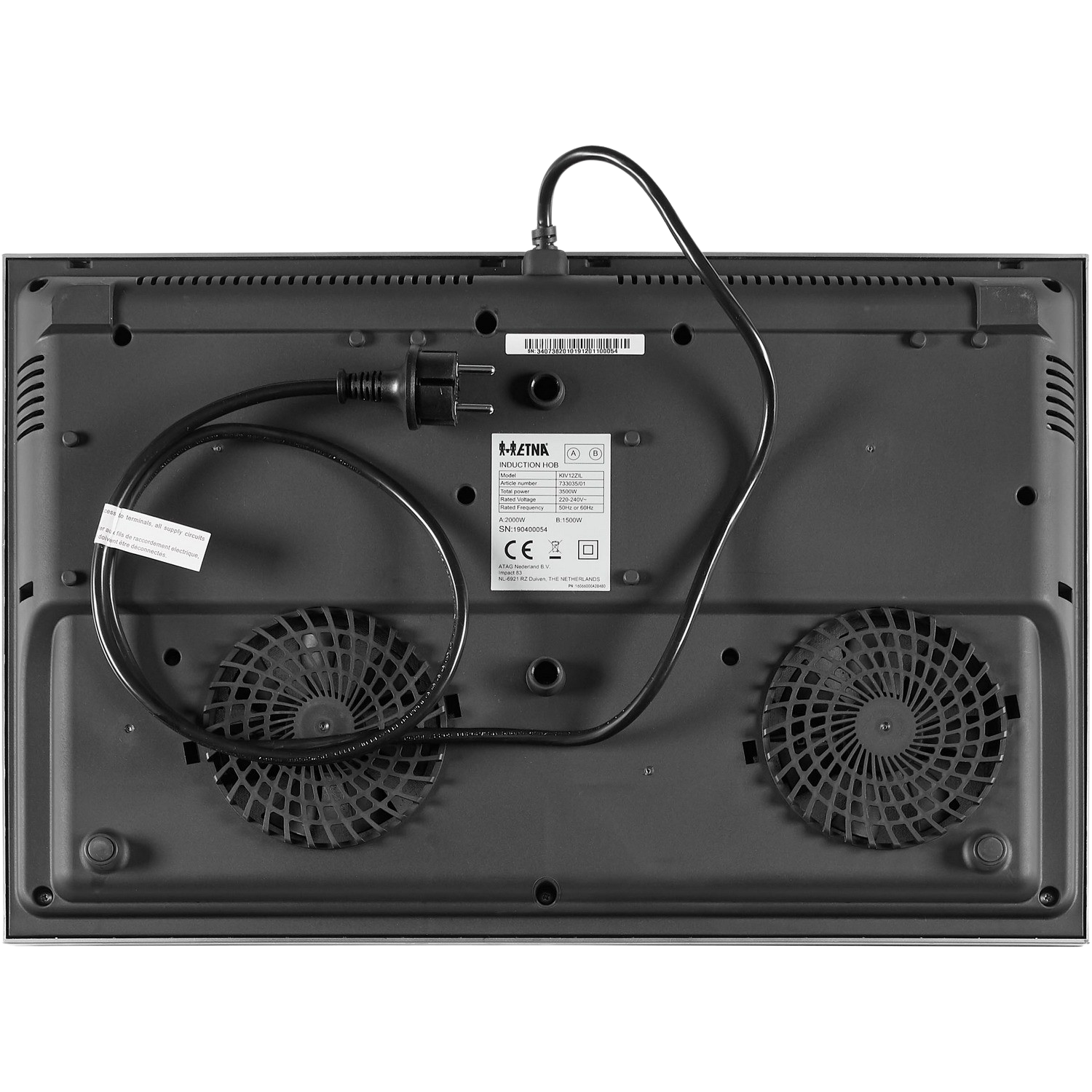 Back of a black induction hob with two fans and a power cable.