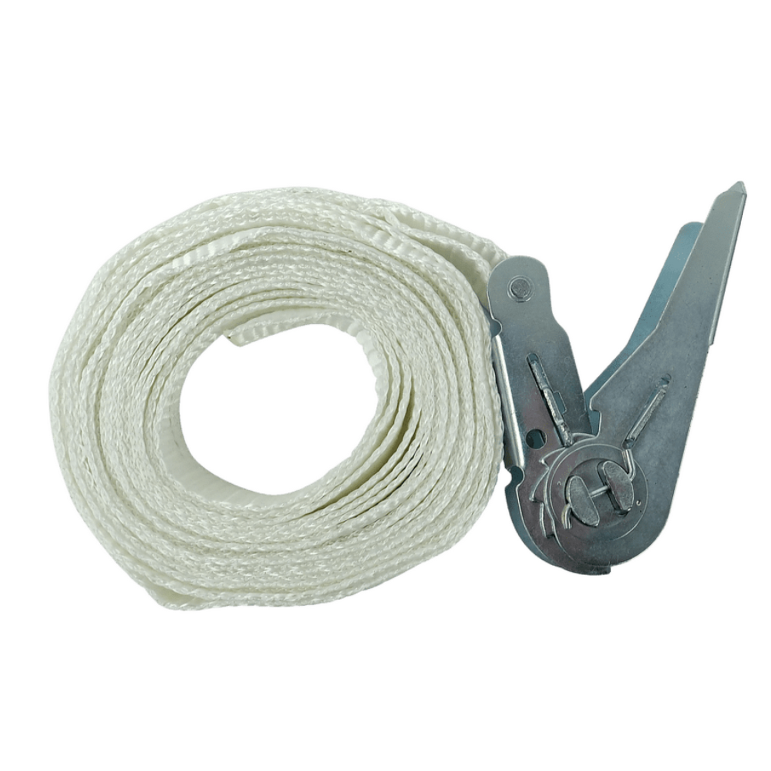 White ratchet strap coiled, with metal ratchet mechanism, on a white background.