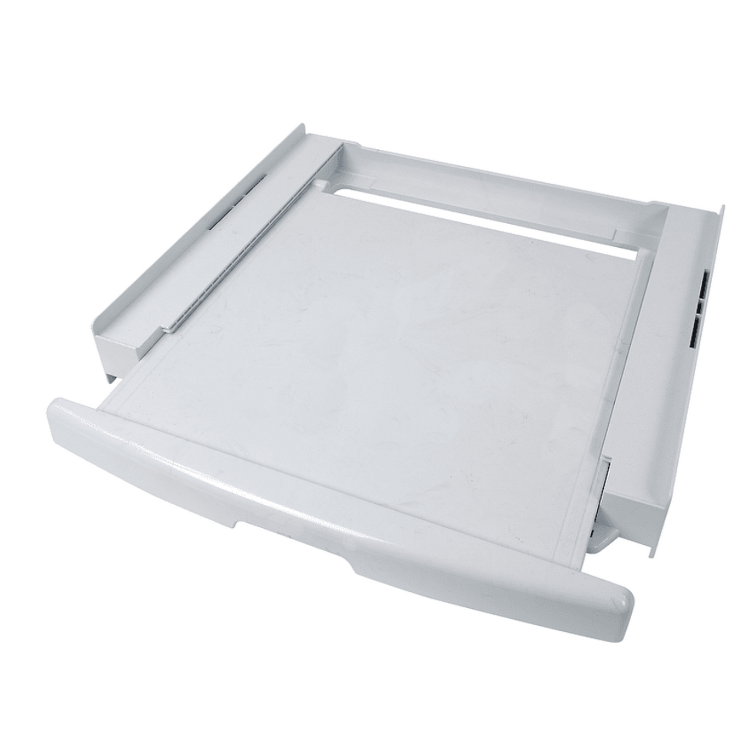 A white appliance tray with a curved front and angled sides.