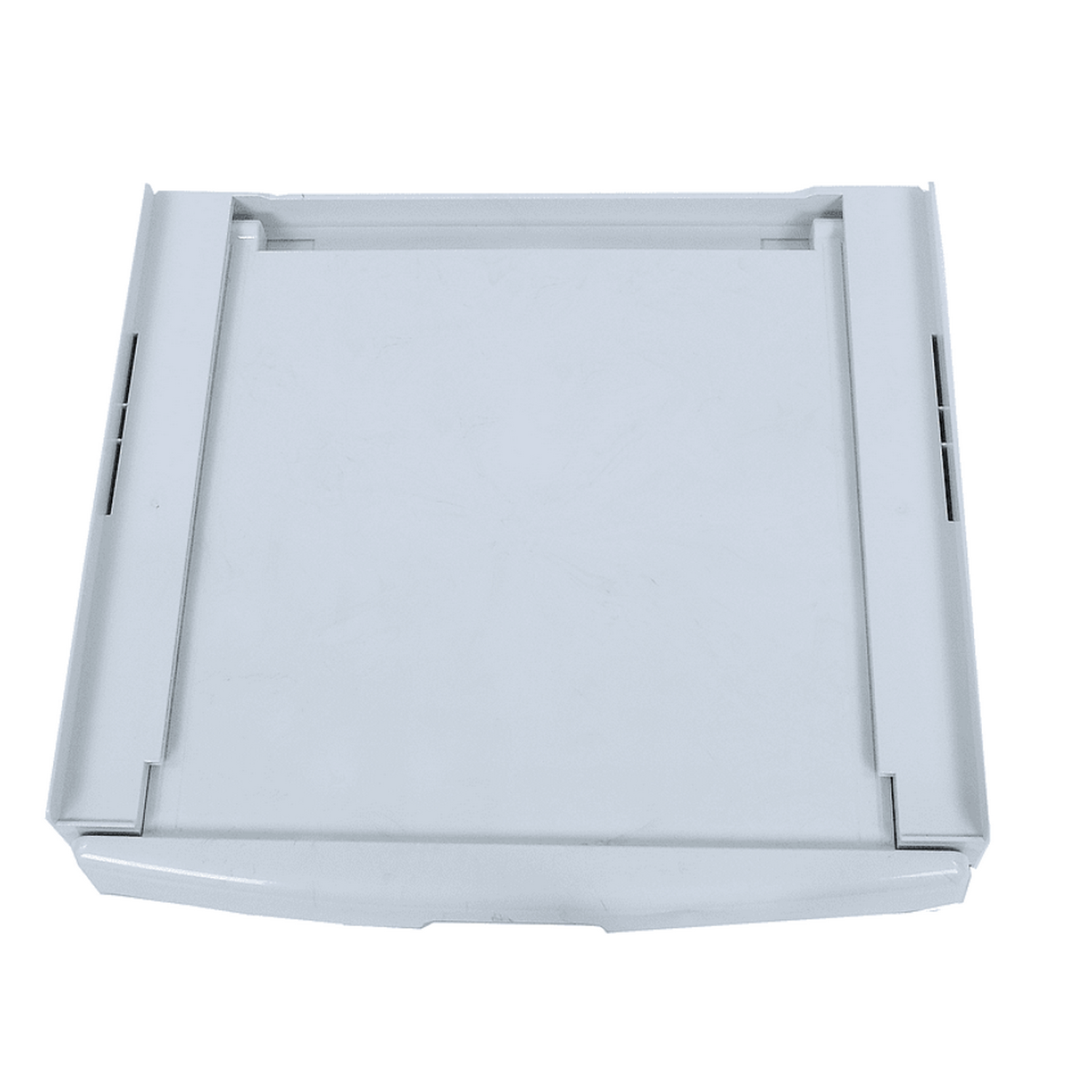 A light gray square tray with raised edges and black vents, angled slightly from above.