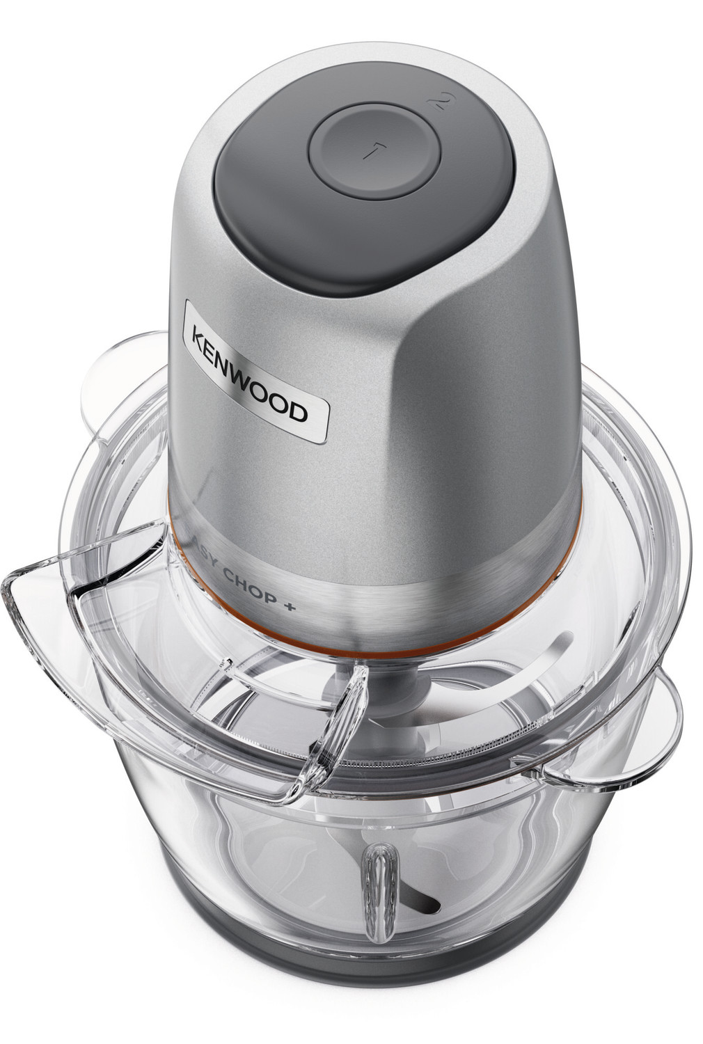 Nahaufnahme eines silbernen Kenwood Easy Chop+ Food Processors. Eine klare Schüssel und ein Deckel sind sichtbar.