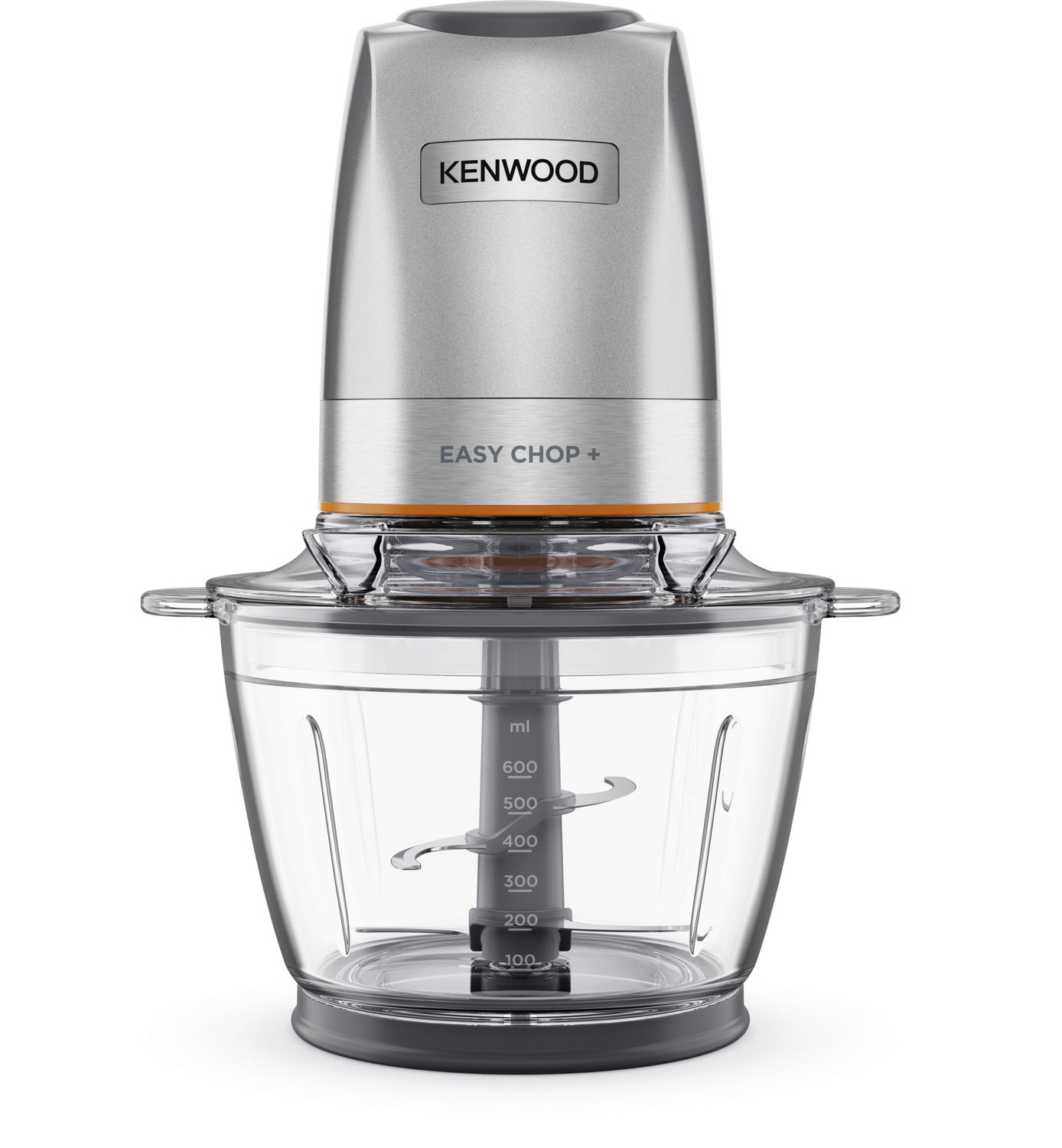 Kenwood Easy Chop+ Zerkleinerer, silberfarben, mit transparentem Behälter.