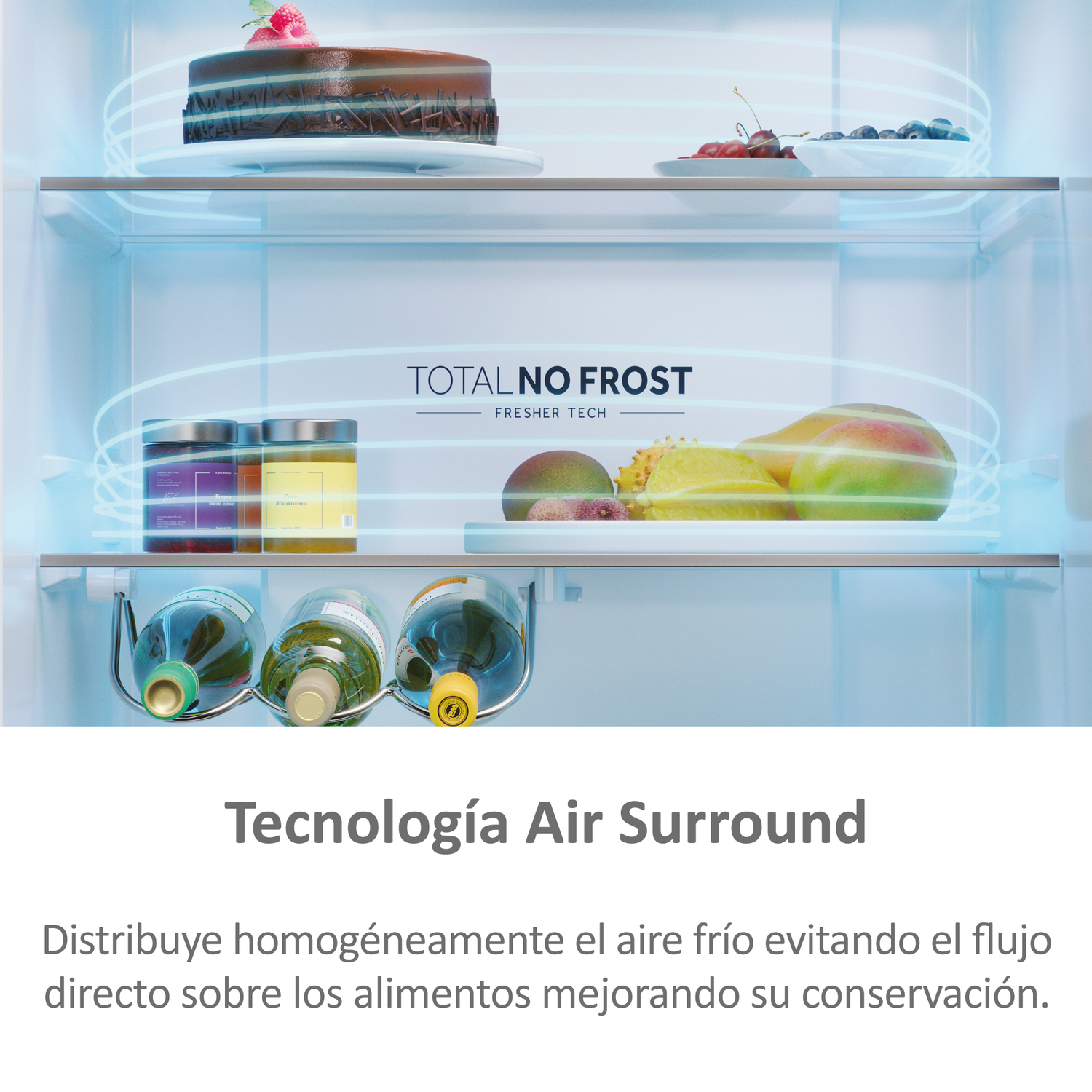 Interior de refrigerador con estantes, alimentos y texto sobre tecnología más fresca y tecnología Air Surround.