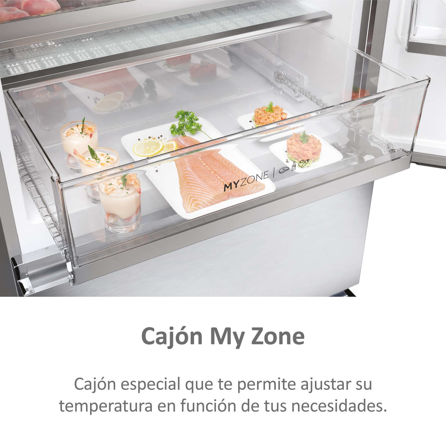 Cajón de refrigerador con comida dentro. El texto “My Zone” es visible en el cajón.