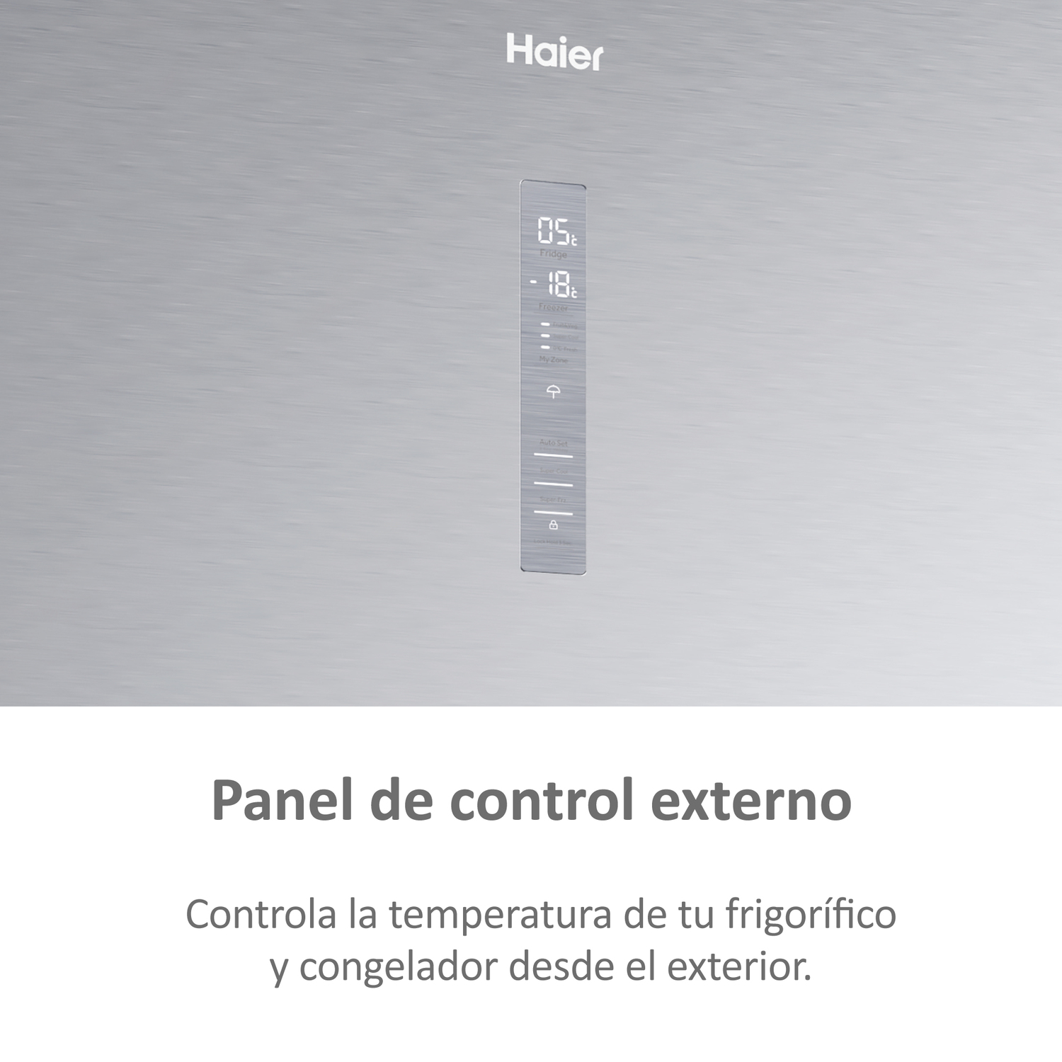 Primer plano de puerta de refrigerador Haier. Pantalla muestra temperatura y opciones.