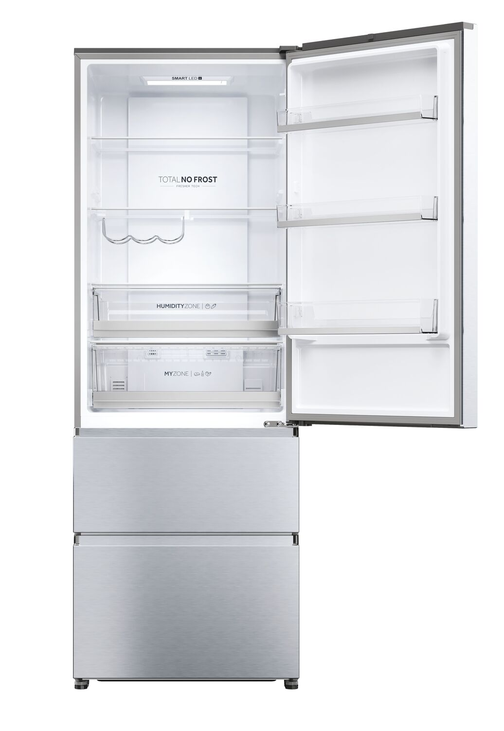 Interior de refrigerador abierto. Estantes, cajones y botellero, todo vacío y limpio.