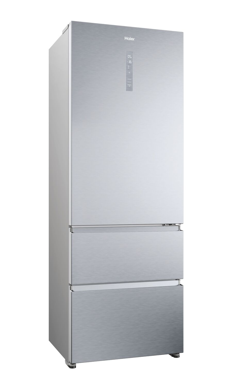 Refrigerador plateado con dos cajones sobre un fondo blanco.