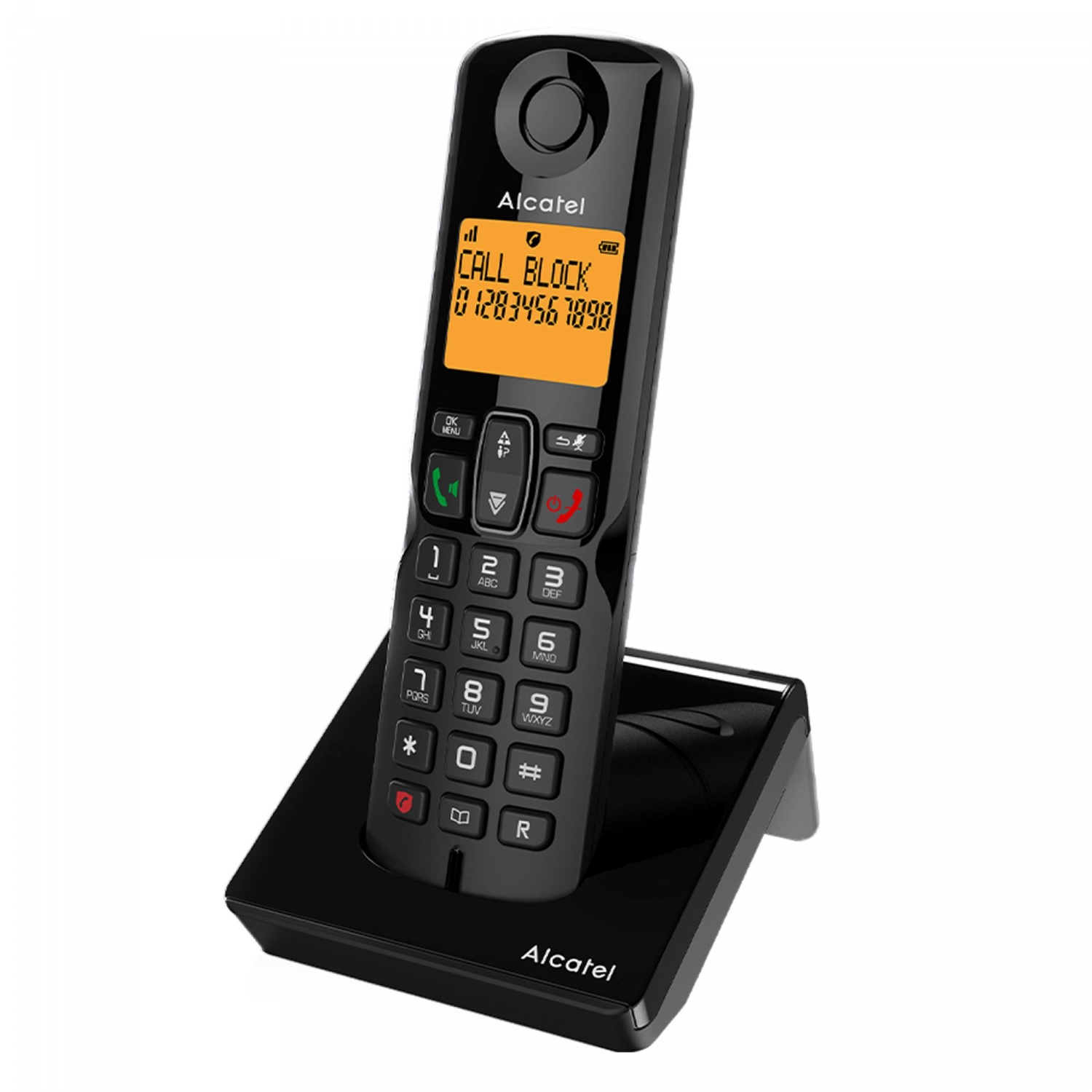 Teléfono inalámbrico Alcatel negro en su base. La pantalla naranja muestra un número de teléfono.