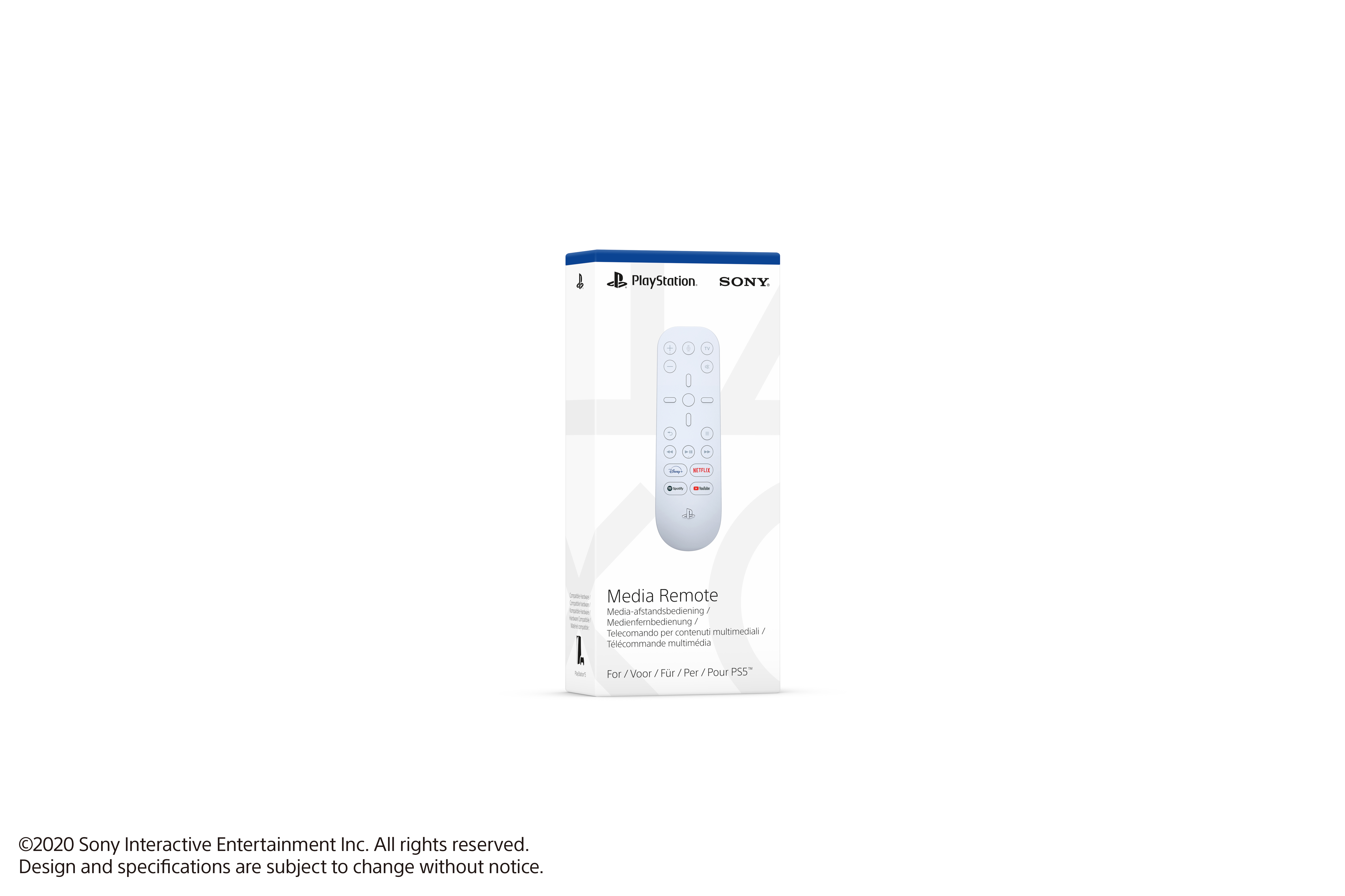 Eine weiße Fernbedienung für PlayStation. Die Fernbedienung befindet sich in einer weißen Box, mit dem PlayStation-Logo.