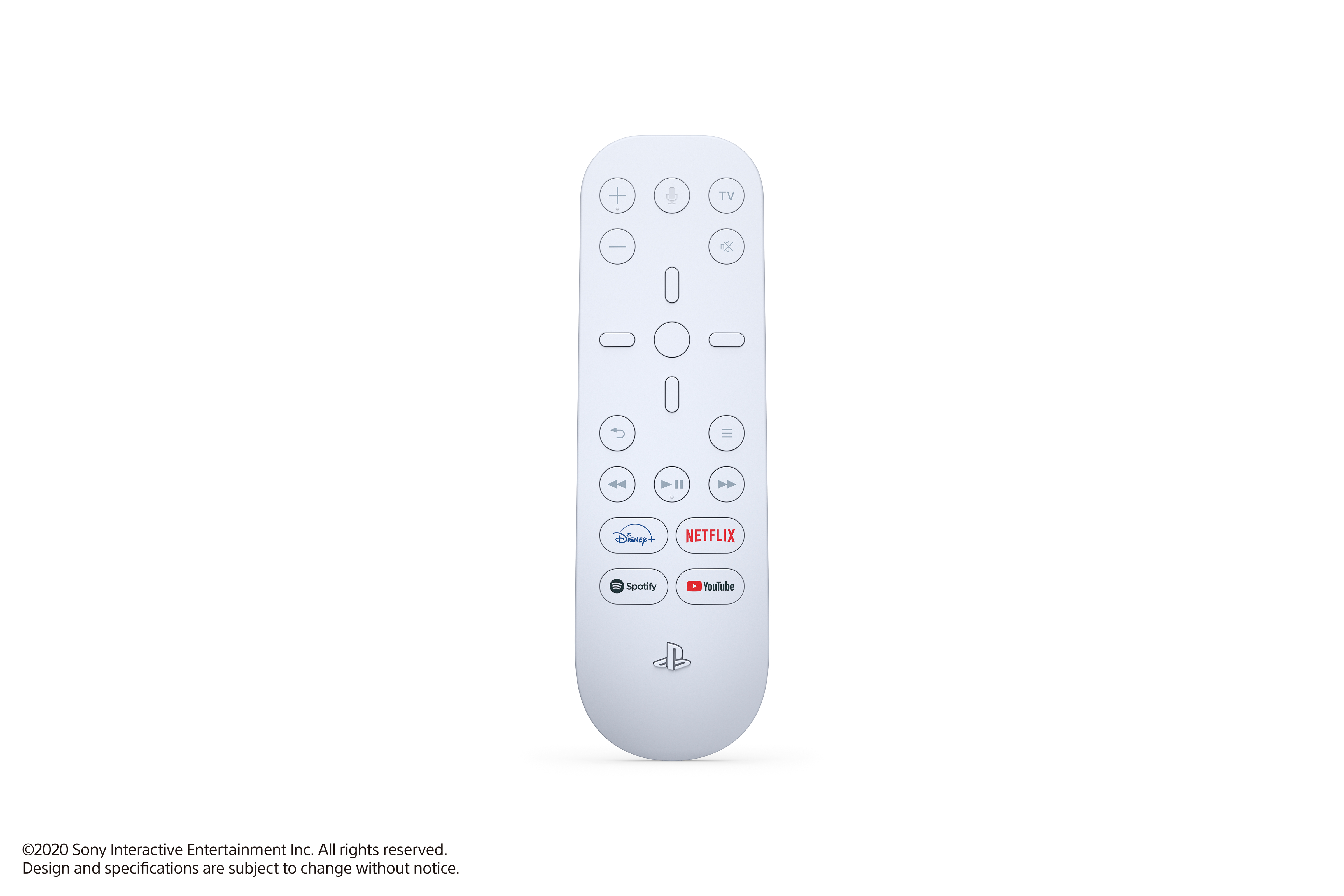 Weiße PlayStation-Fernbedienung mit Tasten: Plus, Minus, TV, Optionen, Zurück und Netflix-, Spotify- und YouTube-Symbolen.