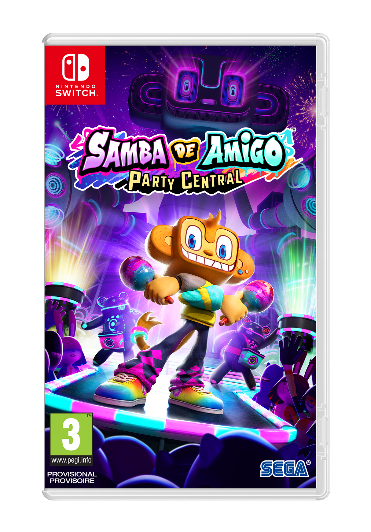 Samba de Amigo: Party Central game case. Een apenpersonage met kleurrijke details en een feestscène.