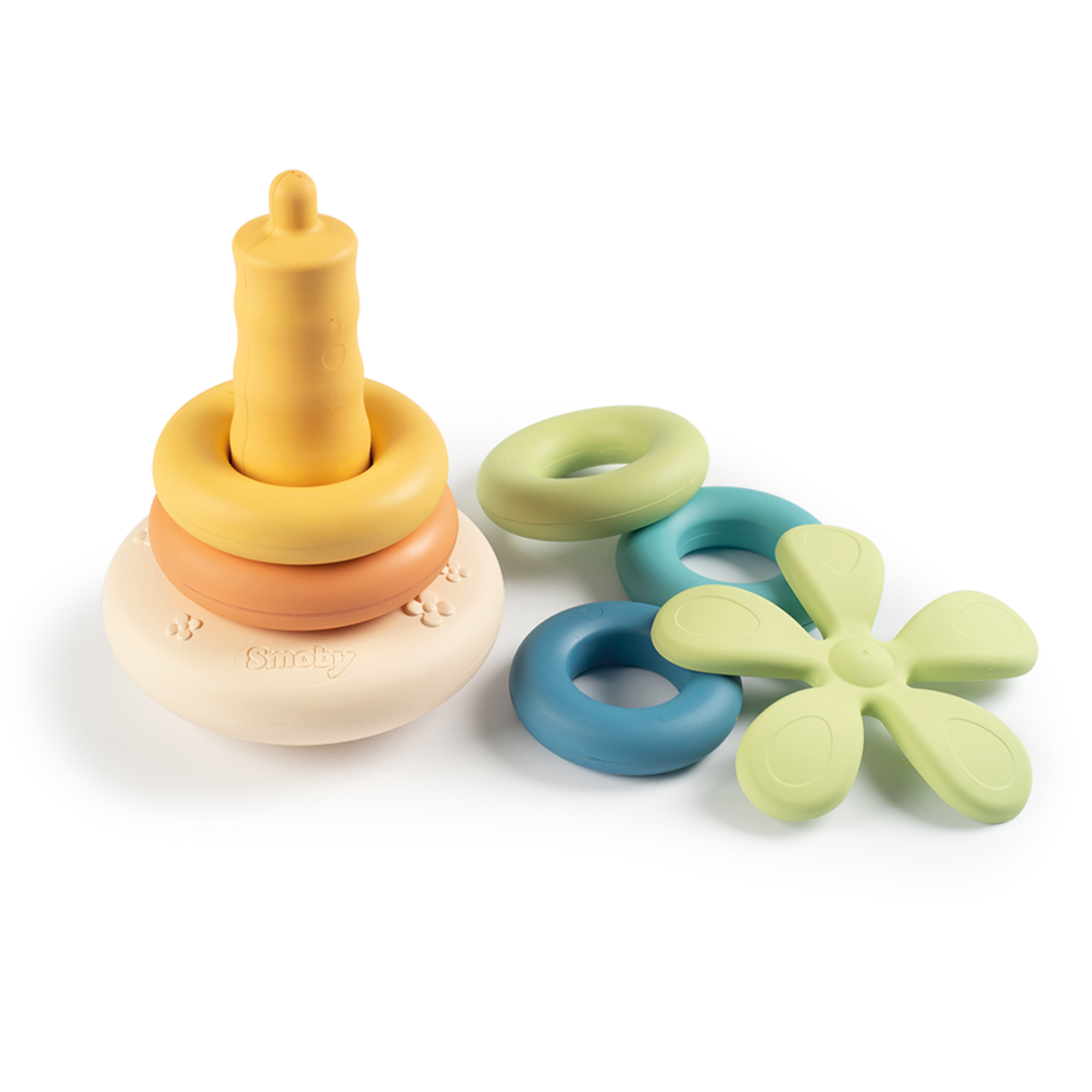 Spielzeug-Stacker mit gelben, orangefarbenen und weißen Ringen und einer Blume auf weißem Hintergrund.