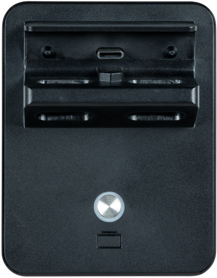 Black charging stand with a USB-C port and power button.