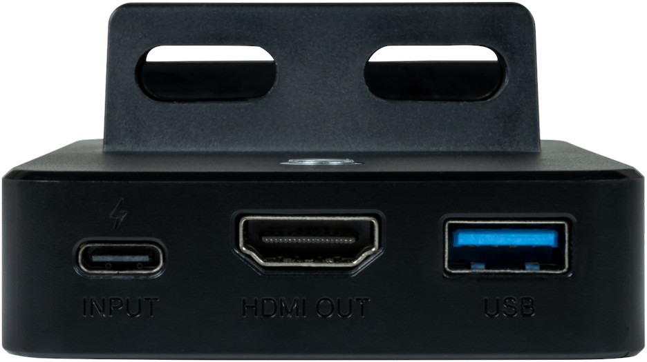 A black device with input, HDMI out, and USB ports. A stand is on top.