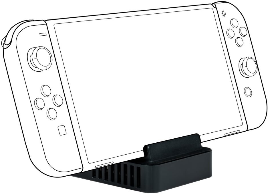 A Nintendo Switch console in a black dock. The screen displays a white background.