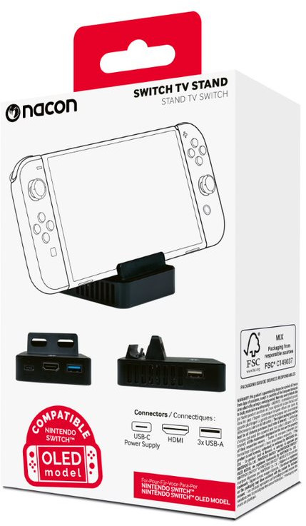 A white box for a Switch TV stand, showing the device, connectors, and compatibility with OLED model.
