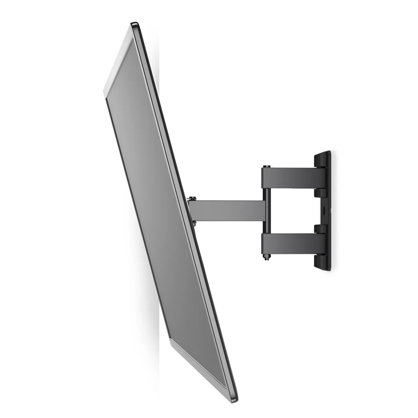 Un televisor montado en un soporte de pared negro, ligeramente inclinado hacia la izquierda. Fondo de pared blanca.