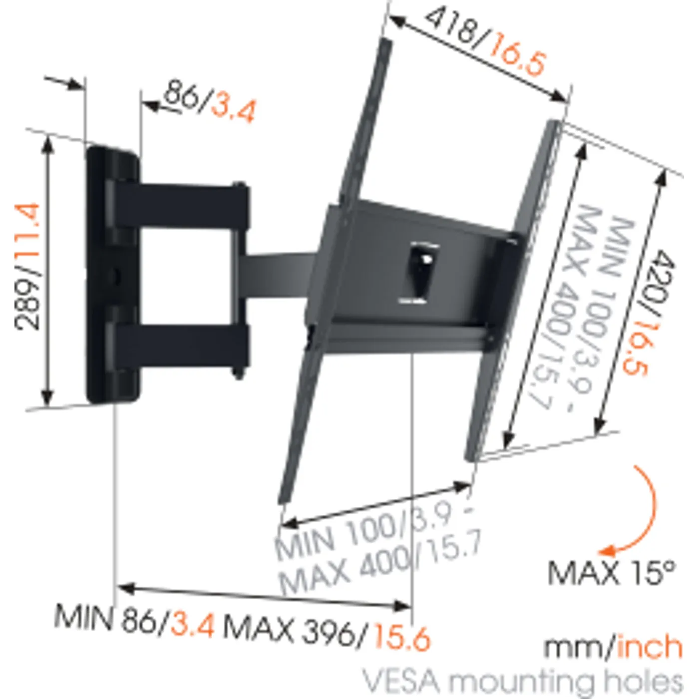 Un soporte de pared para TV negro con dimensiones etiquetadas para orificios de montaje VESA.
