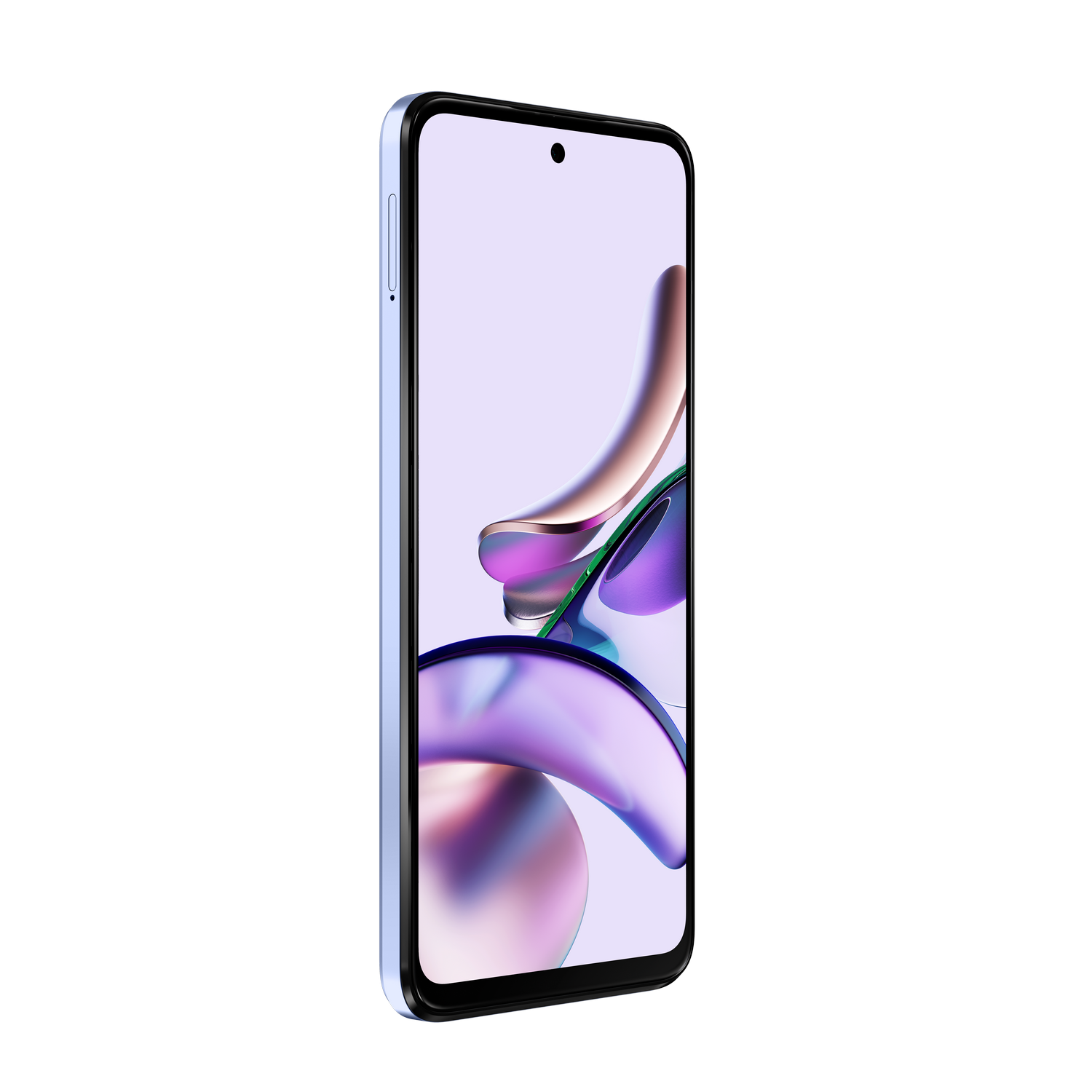 Un smartphone azul claro, ligeramente girado, que muestra una imagen abstracta colorida.