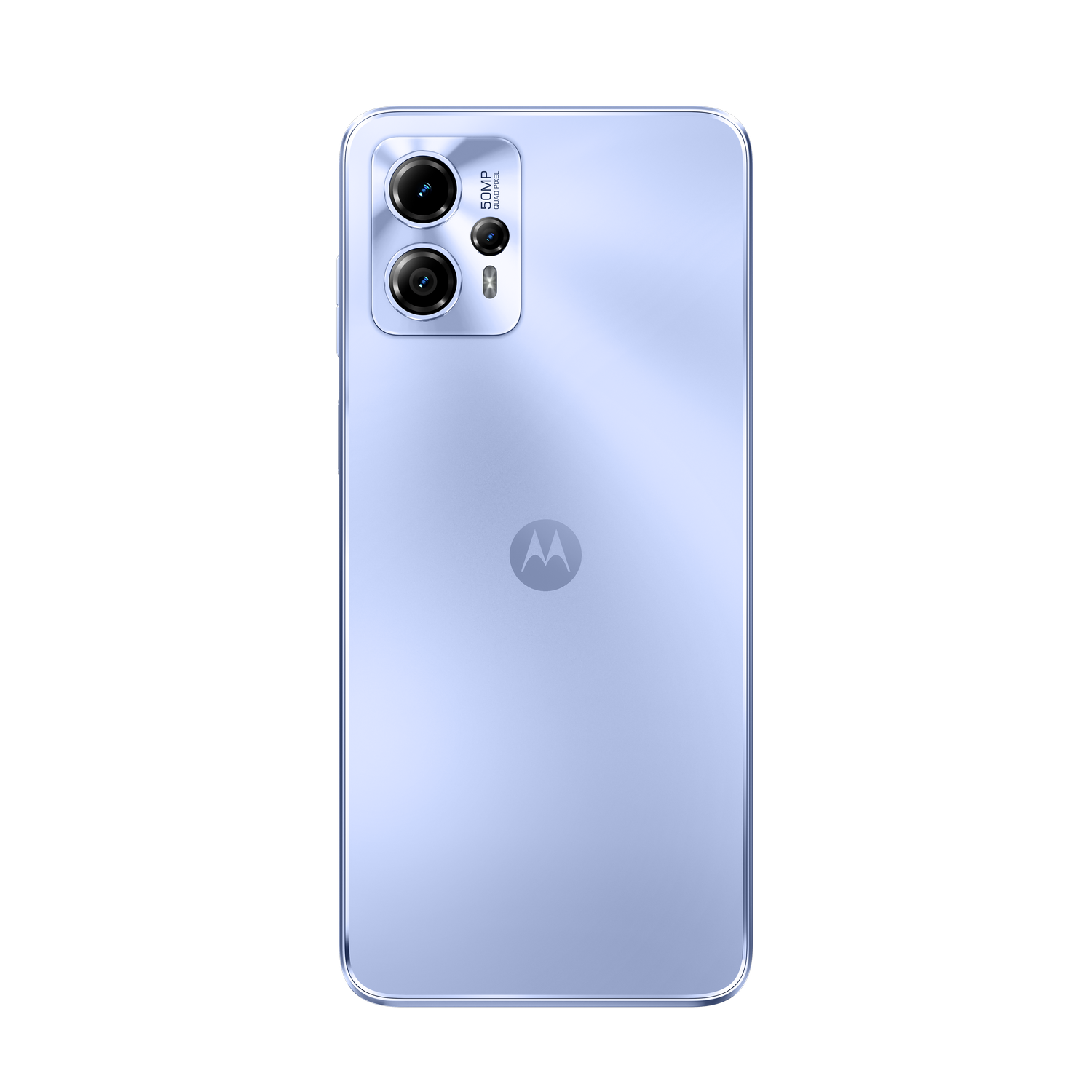 Parte trasera azul de teléfono Motorola, dos cámaras y logo sobre fondo negro.