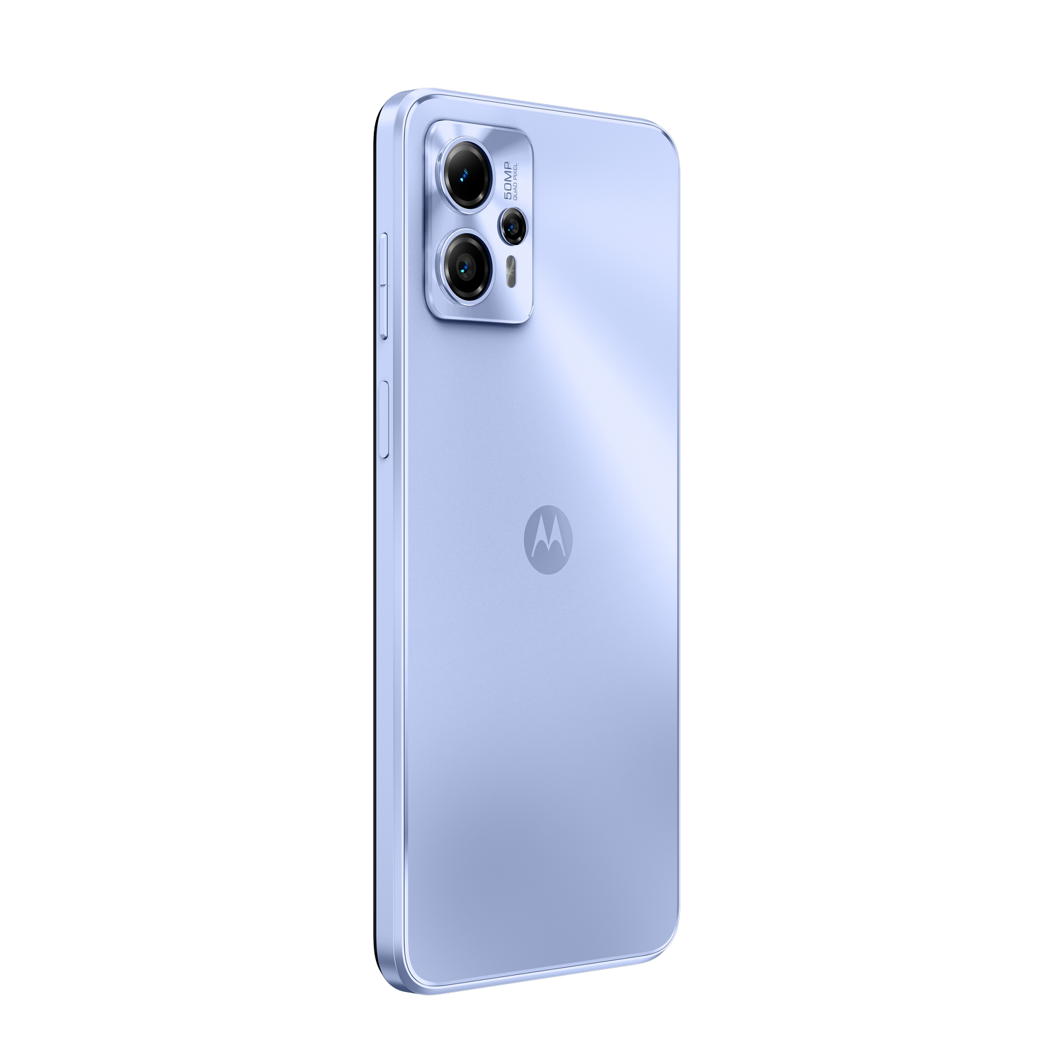 Un teléfono inteligente azul con una configuración de triple cámara en la parte posterior, sobre una superficie negra. Logotipo de Motorola visible.