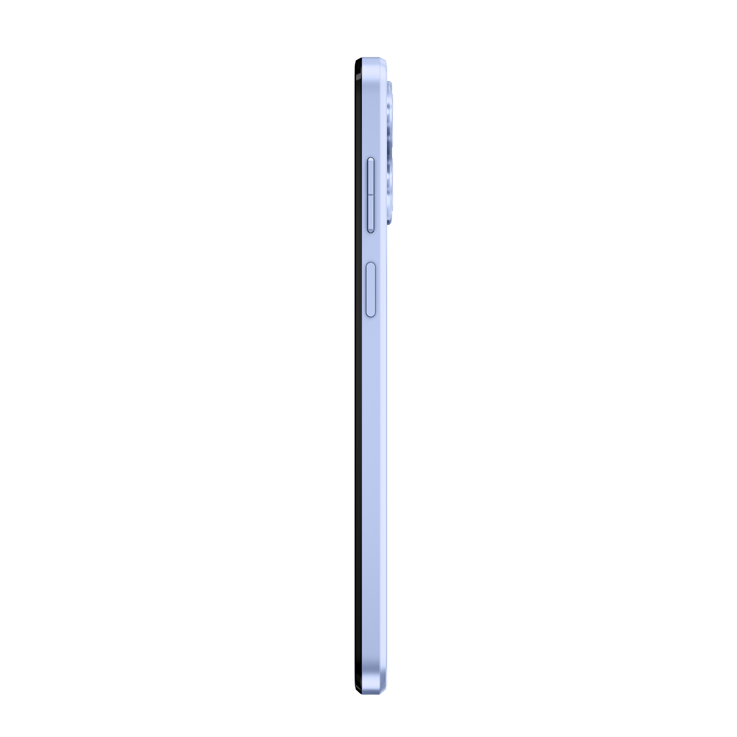 Una vista lateral de un smartphone azul. Muestra los botones de volumen y encendido.
