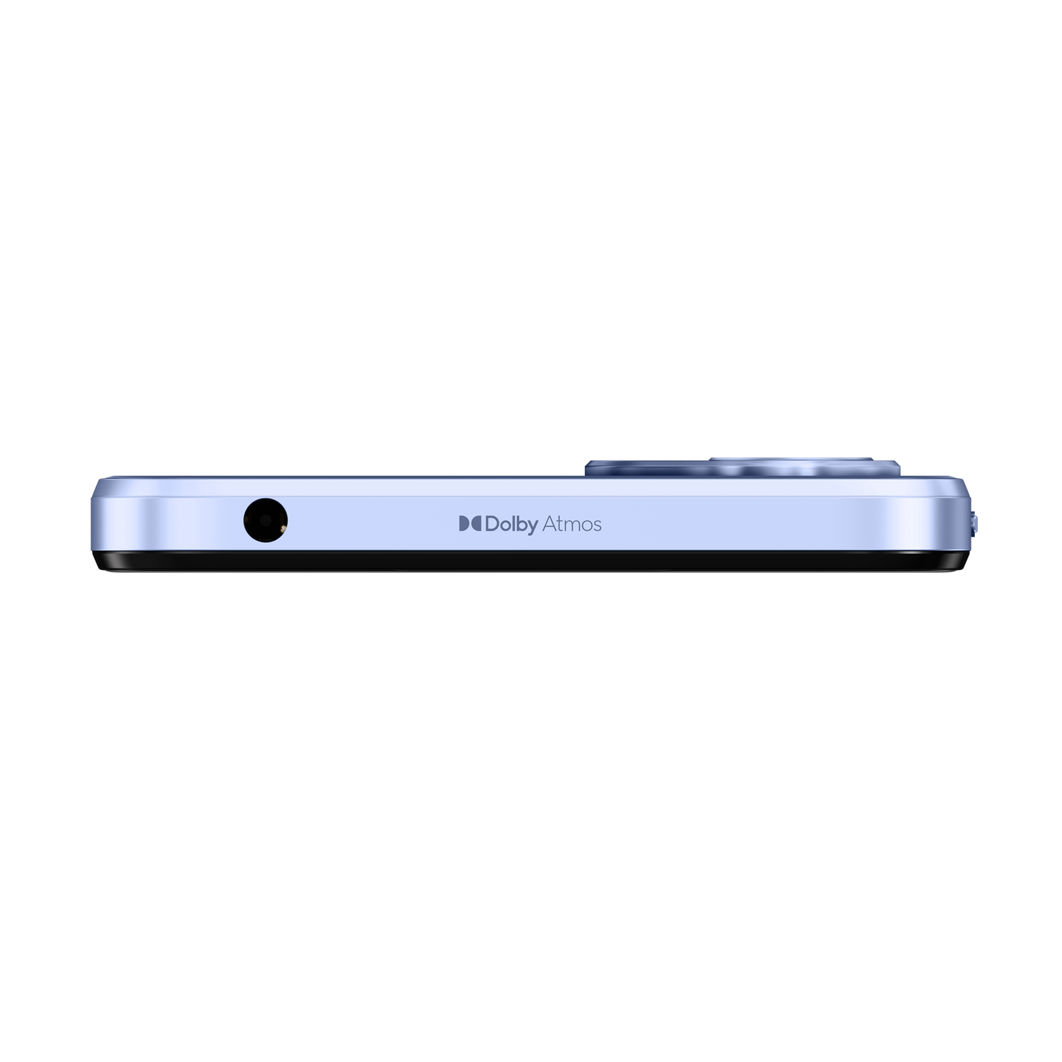 Vista lateral del teléfono inteligente azul con un logotipo de Dolby Atmos y fondo negro.