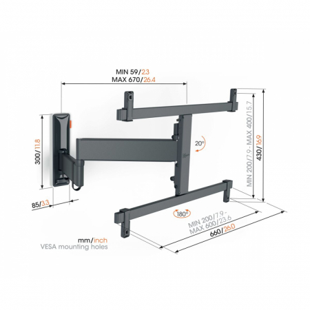 Soporte de pared para TV negro y gris con medidas. Tiene brazos ajustables y puntos de montaje.