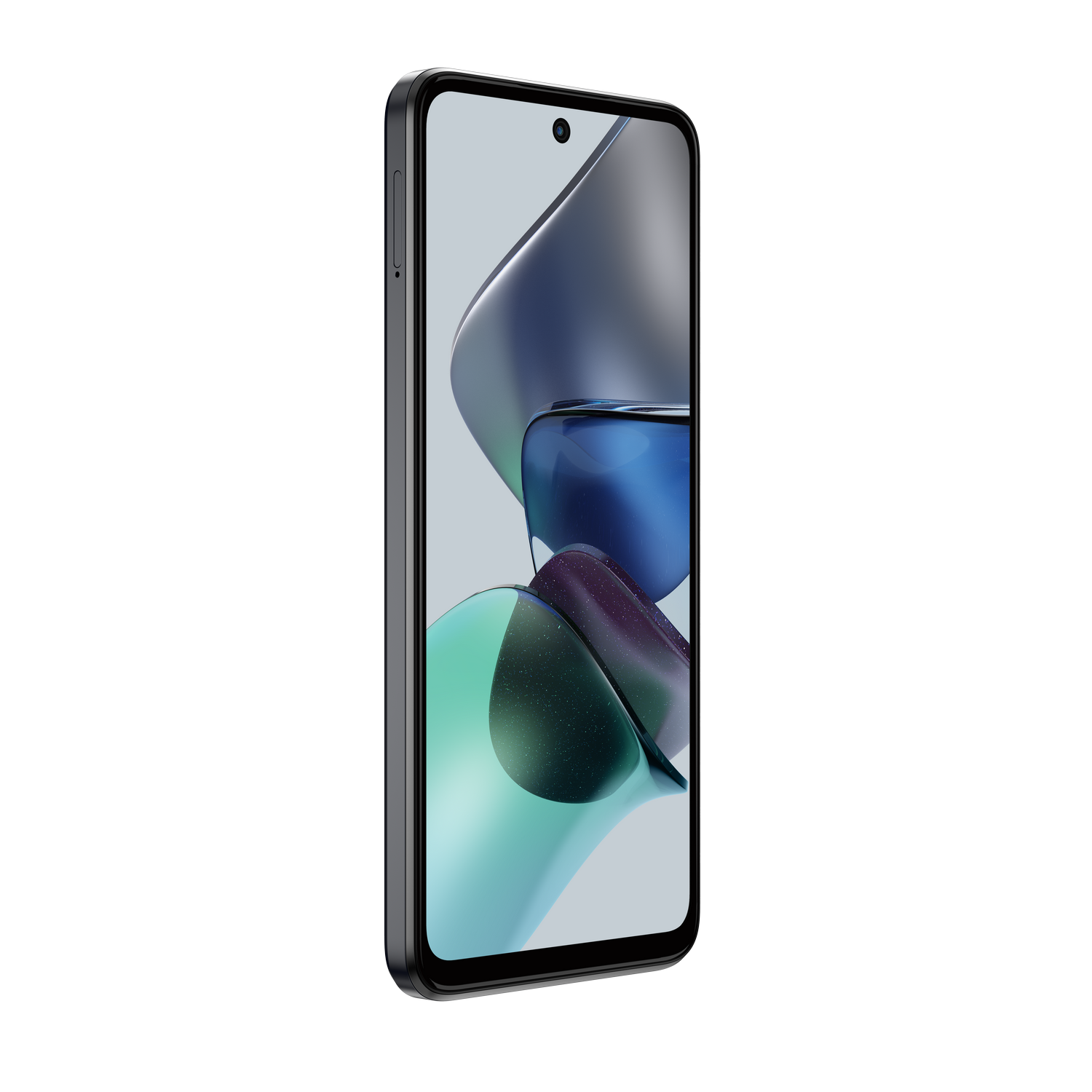 Un smartphone en una superficie negra, mostrando un fondo abstracto colorido.