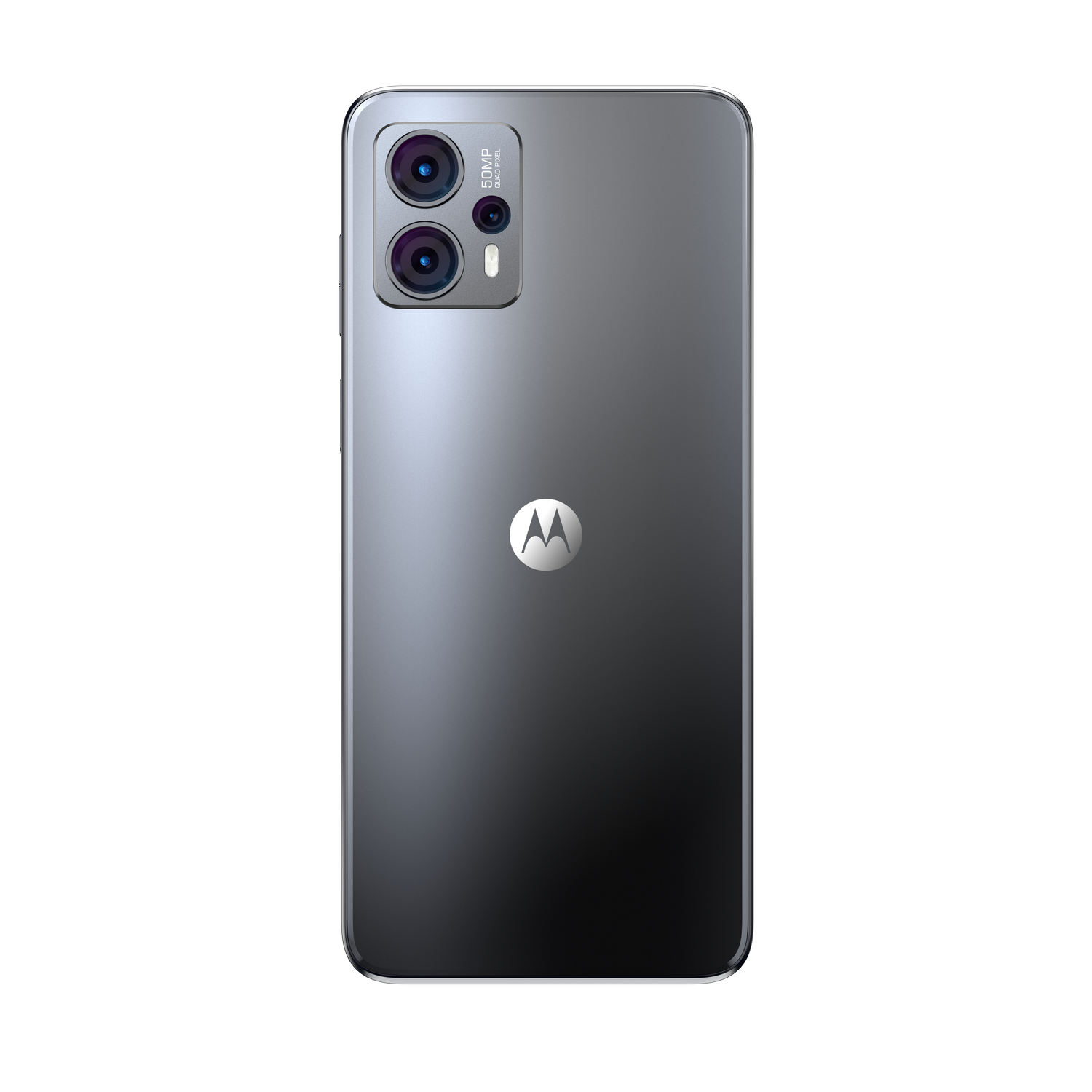 Parte trasera del teléfono Motorola, degradado plateado y negro, cámaras duales y un logotipo.