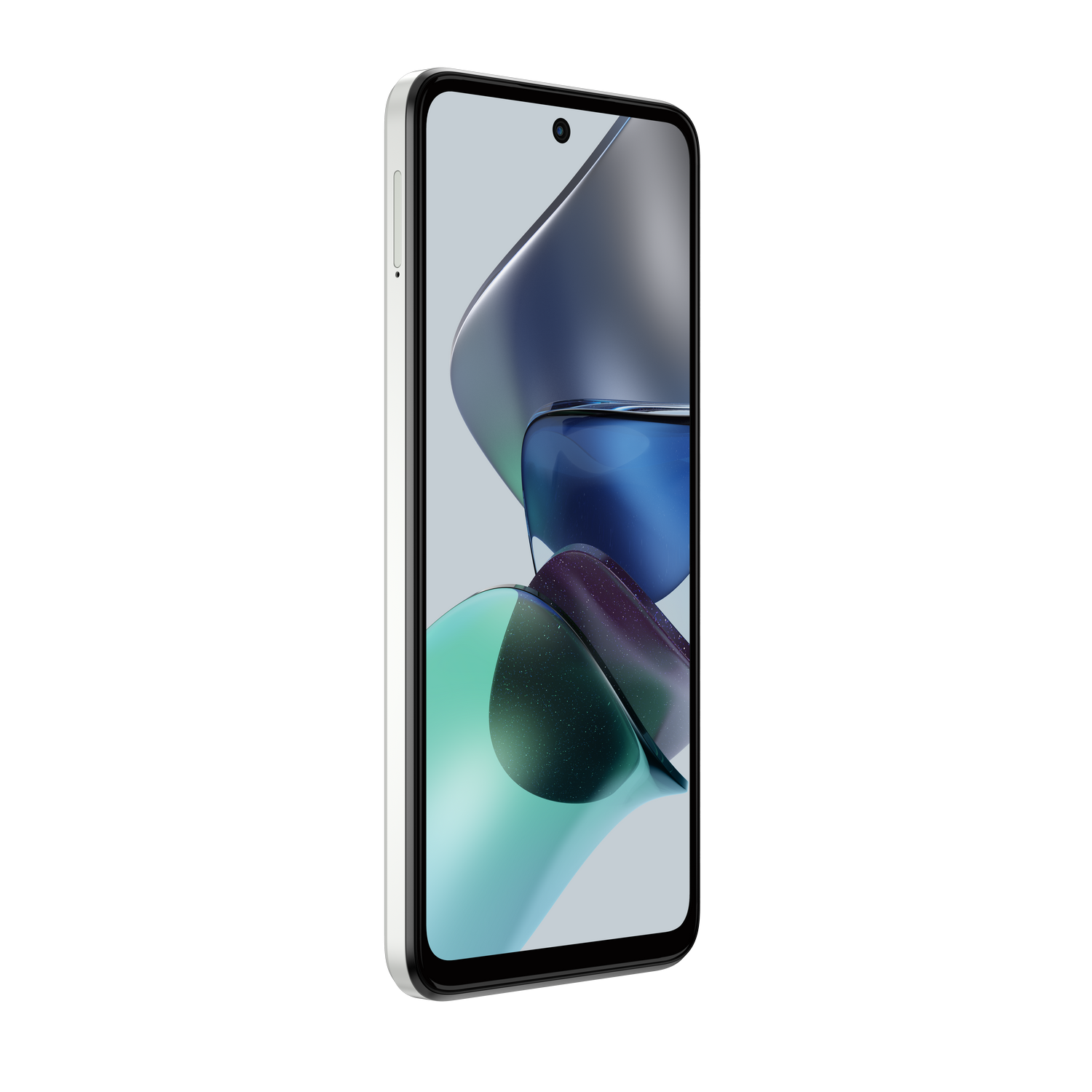 Smartphone con pantalla curva y fondo degradado. El teléfono es blanquecino, marco negro.
