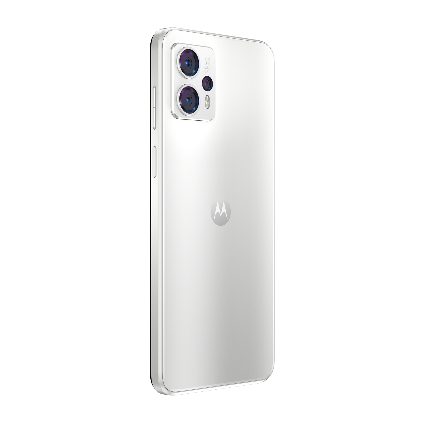 Parte trasera de teléfono blanco con cámaras y el logo de Motorola.