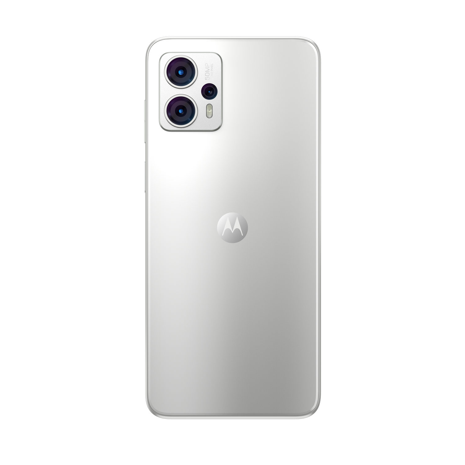 Un smartphone plateado con cámaras duales en la parte trasera, un logotipo de Motorola y fondo negro.
