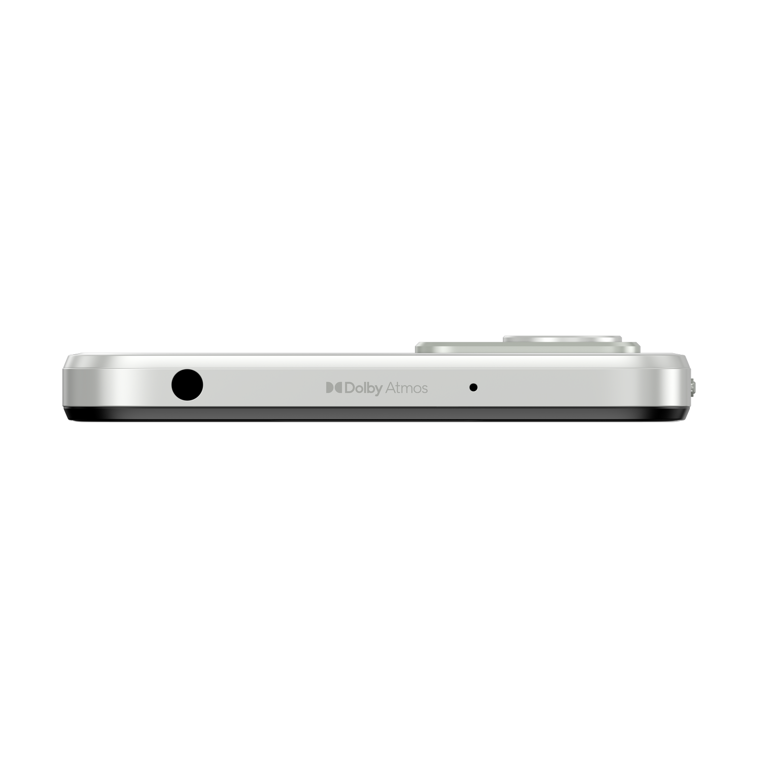Teléfono móvil, vista lateral, color plata. Círculo negro para el conector de auriculares, logo Dolby Atmos.