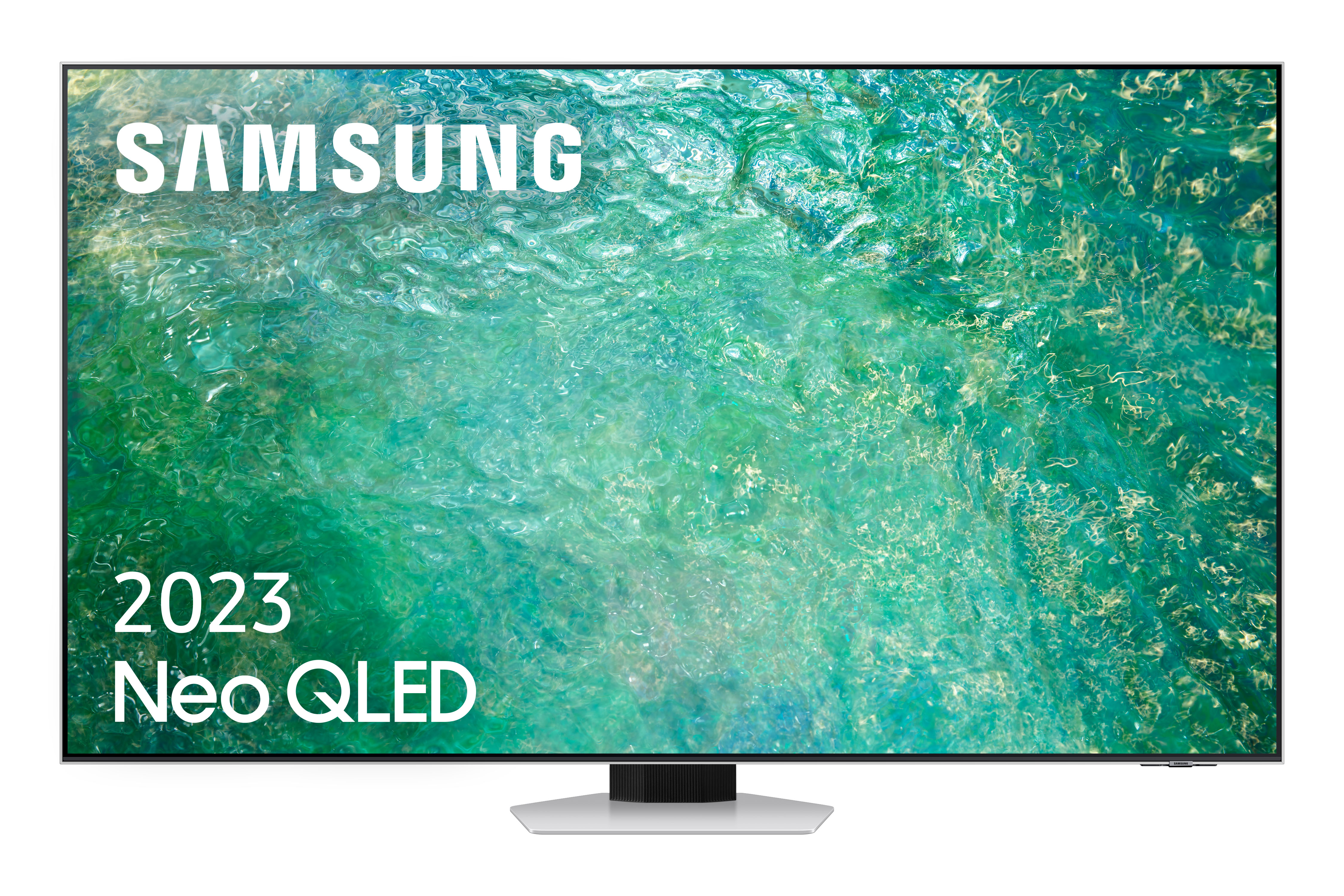 Un televisor Samsung Neo QLED, que muestra la pantalla y el soporte.