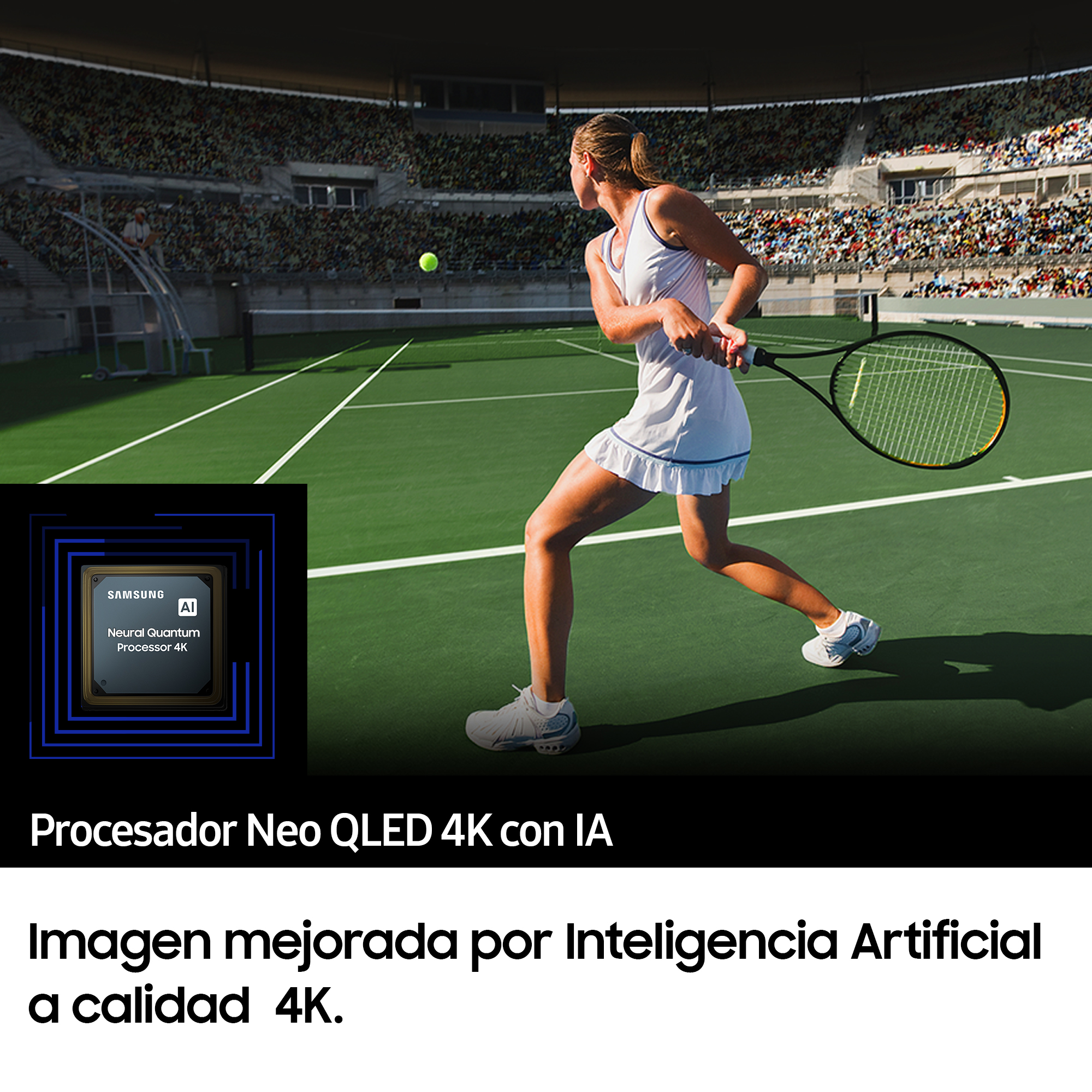 Jugadora de tenis golpeando una pelota en la cancha. Gráfico del procesador Samsung en la esquina. Multitud y estadio al fondo.