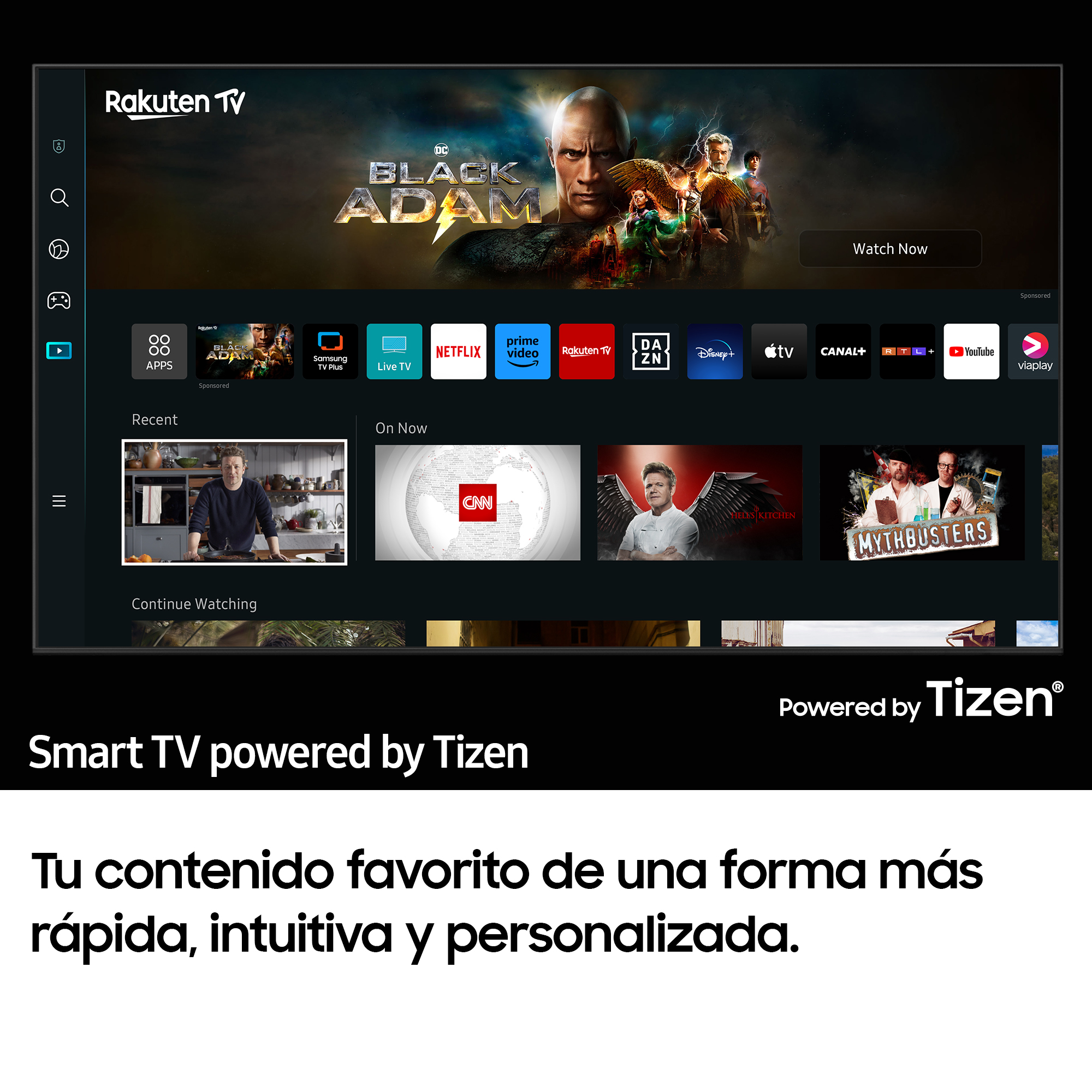 Pantalla de Smart TV mostrando la interfaz de Rakuten TV. Se muestran varias aplicaciones y contenido.