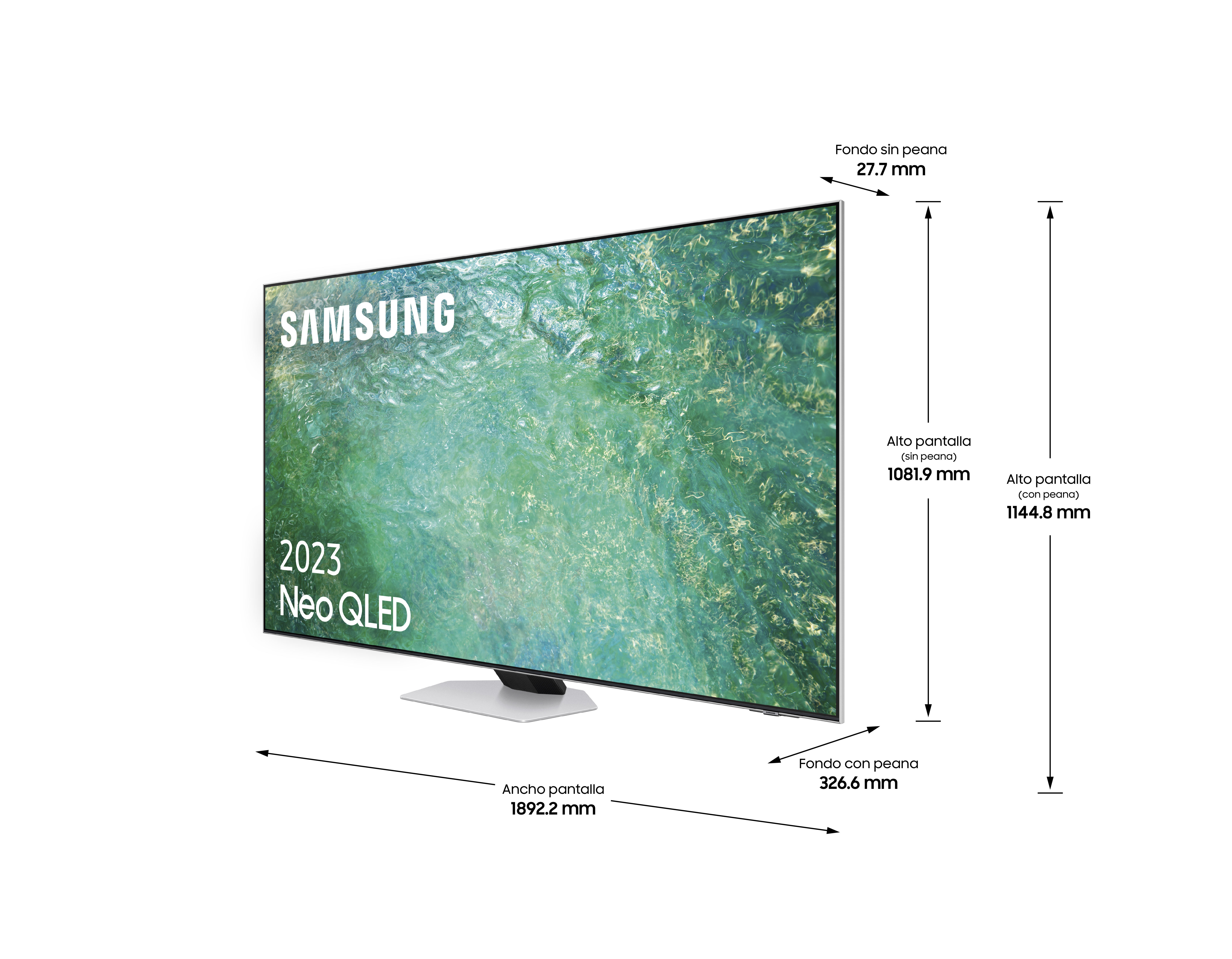 Un televisor grande que muestra un logotipo de Samsung y medidas.