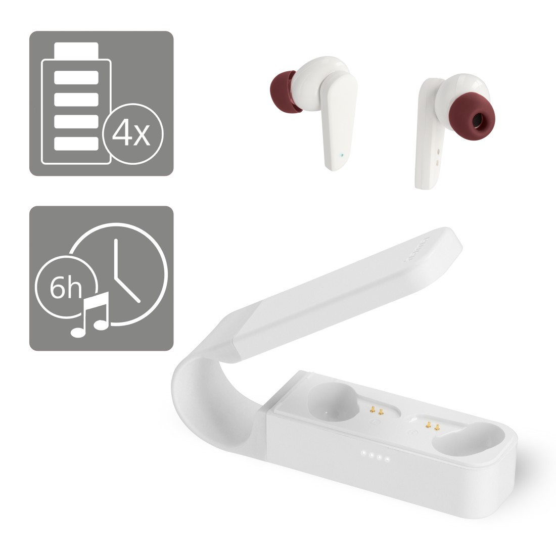 Ohrhörer und Ladecase, weiß mit roten Akzenten, mit Batterie- und Musiksymbolen.