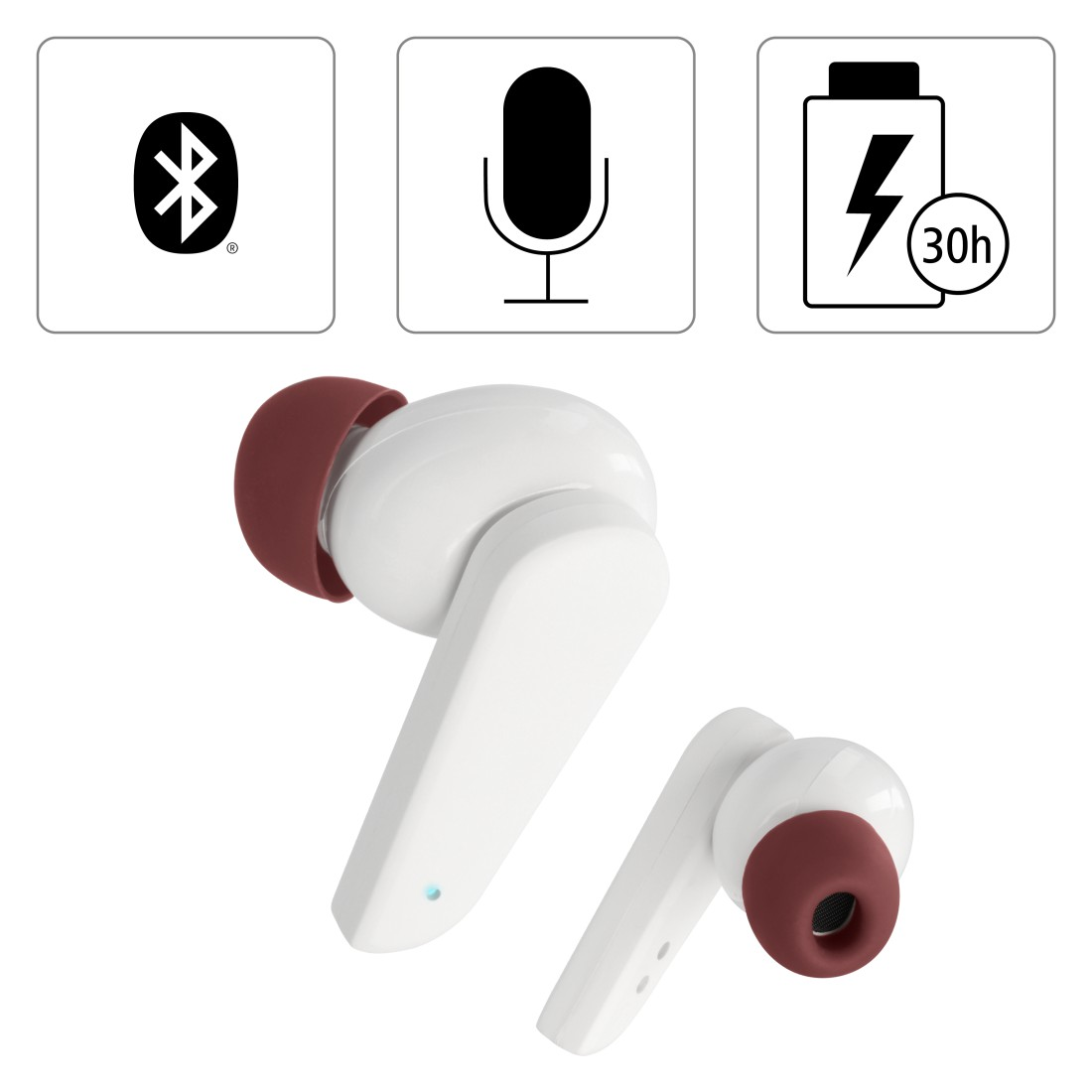 Weiße Ohrhörer mit roten Ohrhörern und Bluetooth-, Mikrofon- und Akku-Symbolen auf weißem Hintergrund.