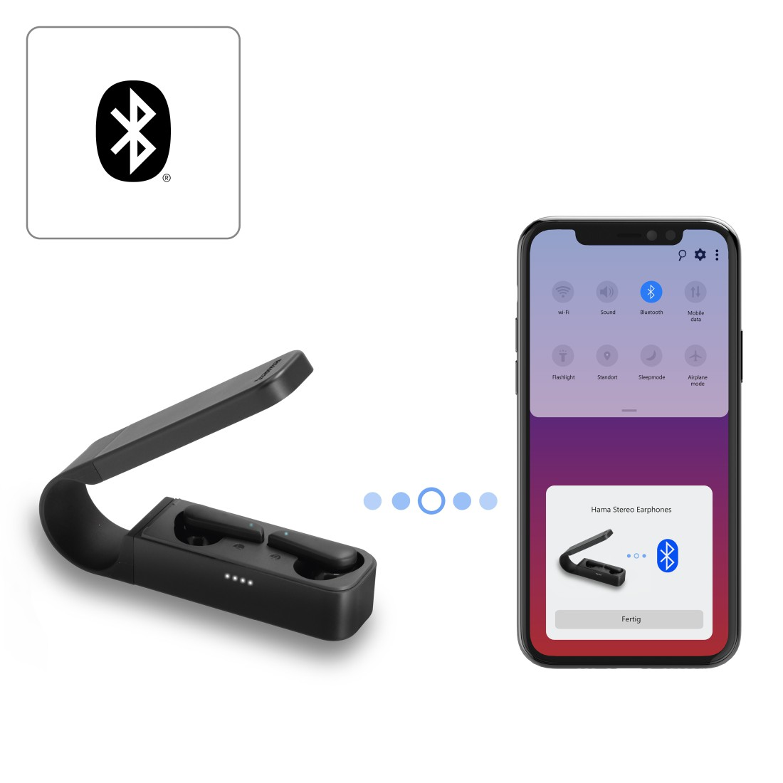 Kabellose Ohrhörer und Ladecase neben einem Smartphone mit Bluetooth-Einstellungen.