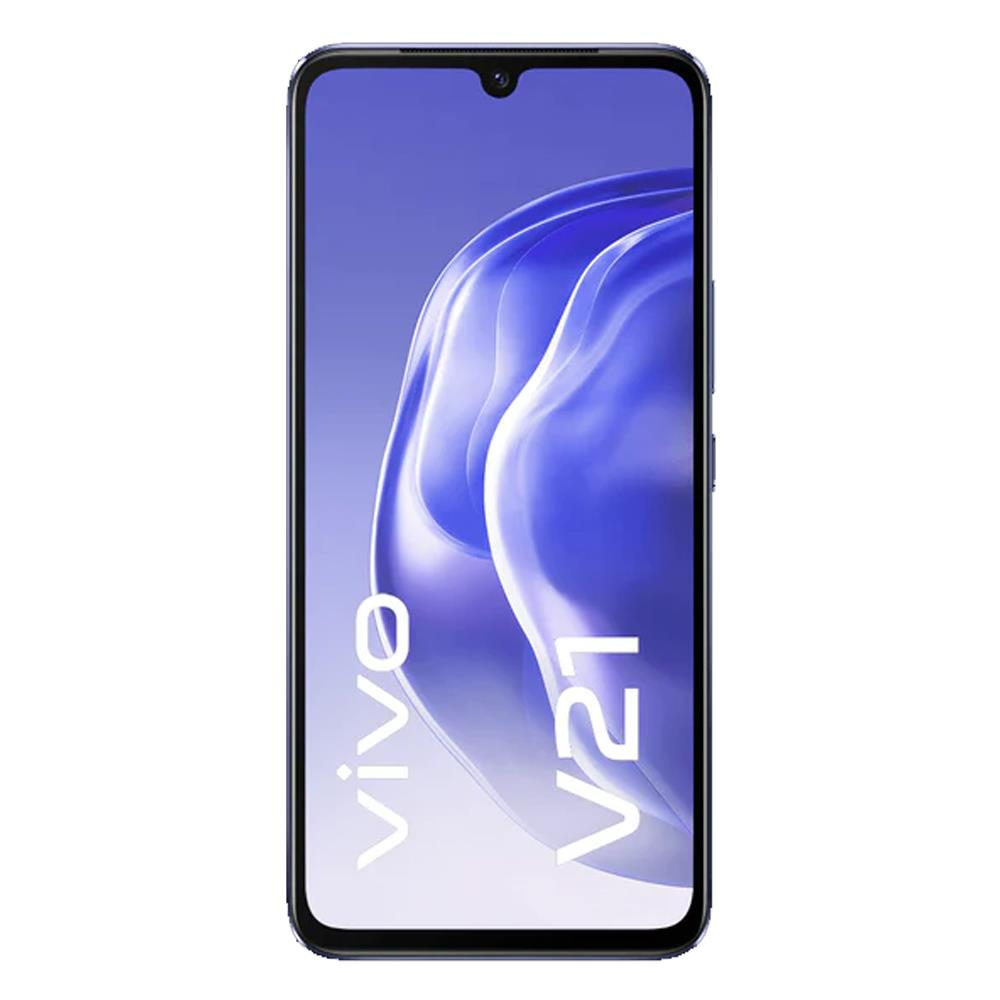 Mor ekrana sahip siyah akıllı telefon, VIVO logosunu gösteriyor. Telefon beyaz bir arka plan üzerinde.