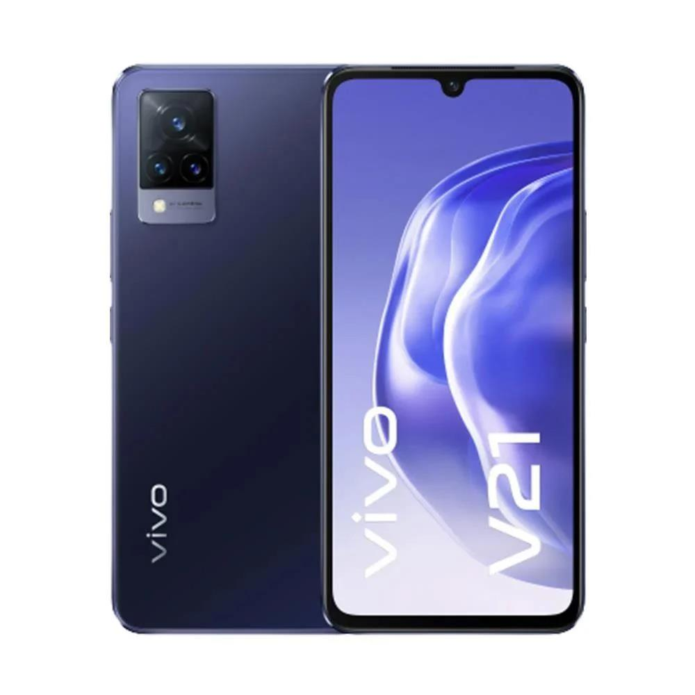 Mavi Vivo V21 akıllı telefon, ön ve arka görünümleri, kameralar. Ön kısım ekranı gösteriyor.