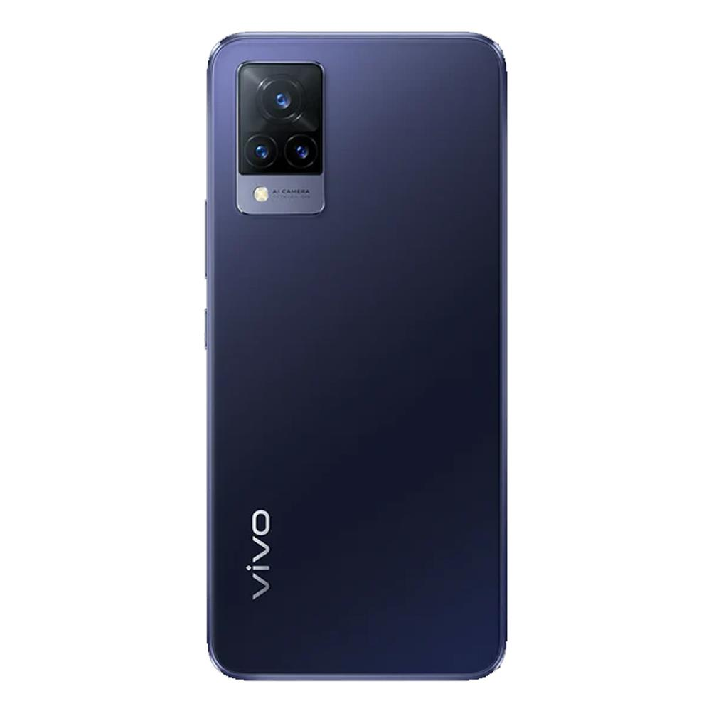 Koyu mavi bir Vivo telefon. Telefonun üç kamerası ve arkasında Vivo yazısı var.