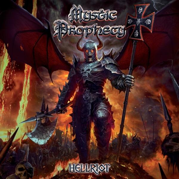 Albumcover: Ein dämonenartiger Krieger mit Kreuzstab. Brennender Boden und eine Horde von Figuren im Hintergrund.